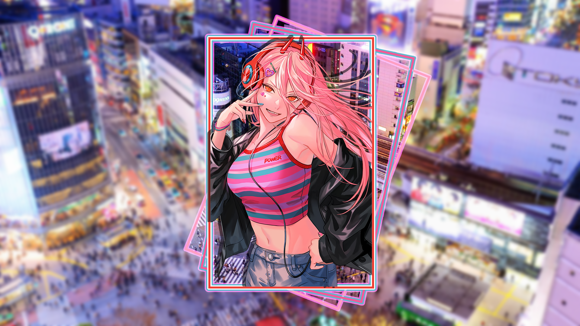 Picture In Picture Anime Girls Japan City Shibuya Chainsaw Man Power Chainsaw Man Headphones Pink Ha 1920x1080