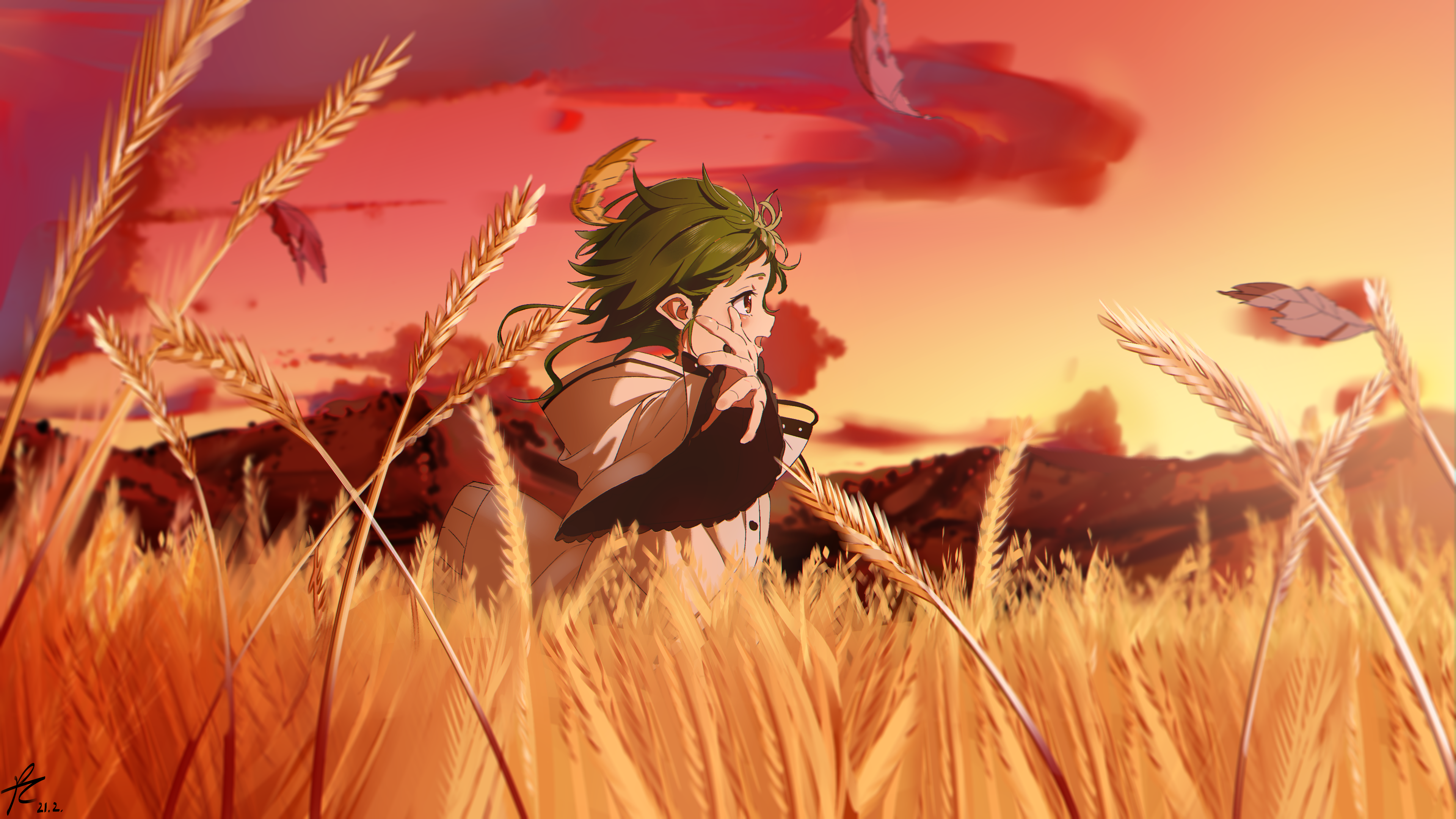 Mushoku Tensei Sylphiette Elves Green Hair Red Eyes Field Sunset Anime Artwork Anime Girls 2D 3840x2160