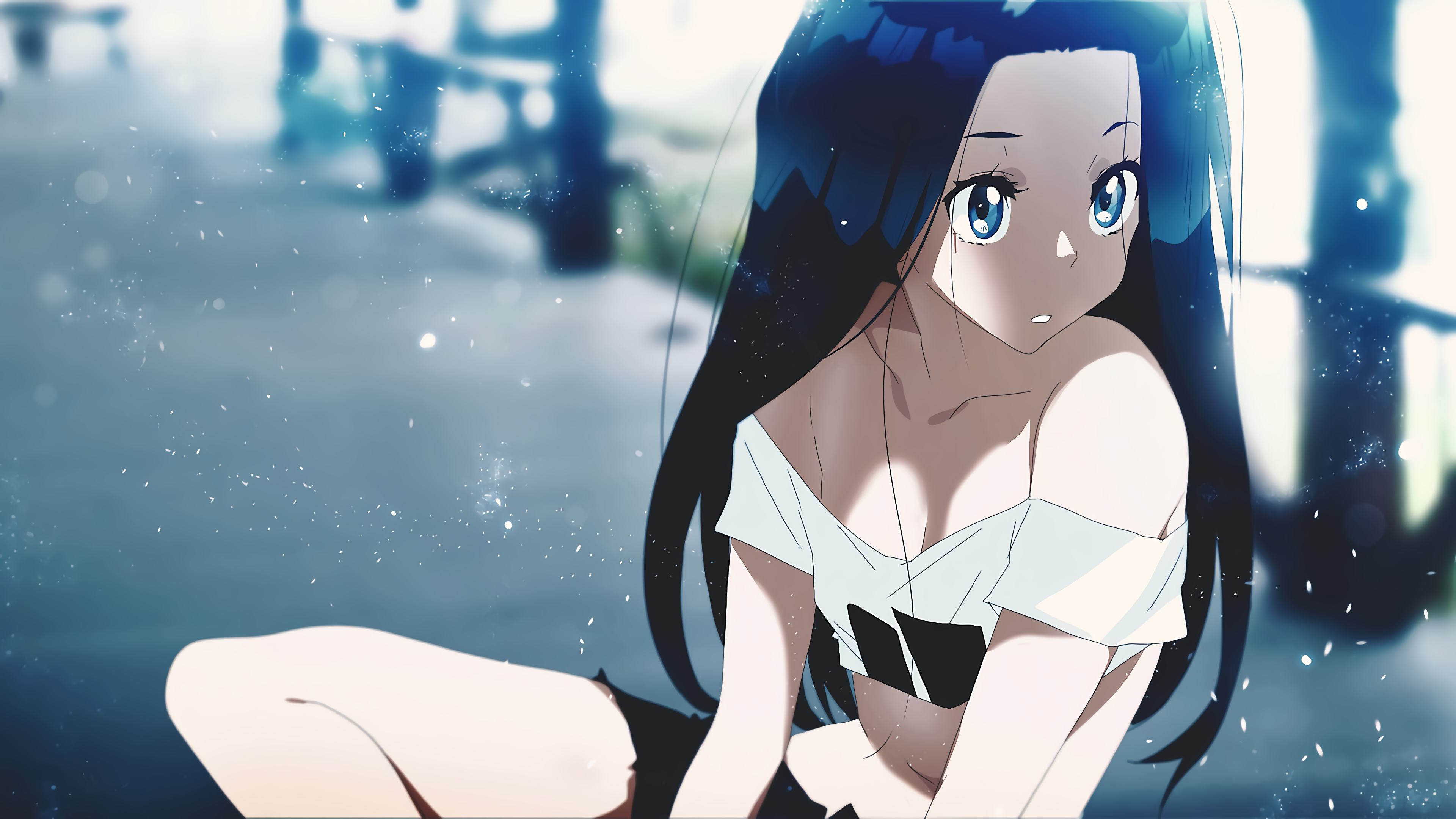 Tom Skender Anime Girls Anime DeviantArt Looking Away Long Hair Blue Hair Blue Eyes Blurred Blurry B 3840x2160