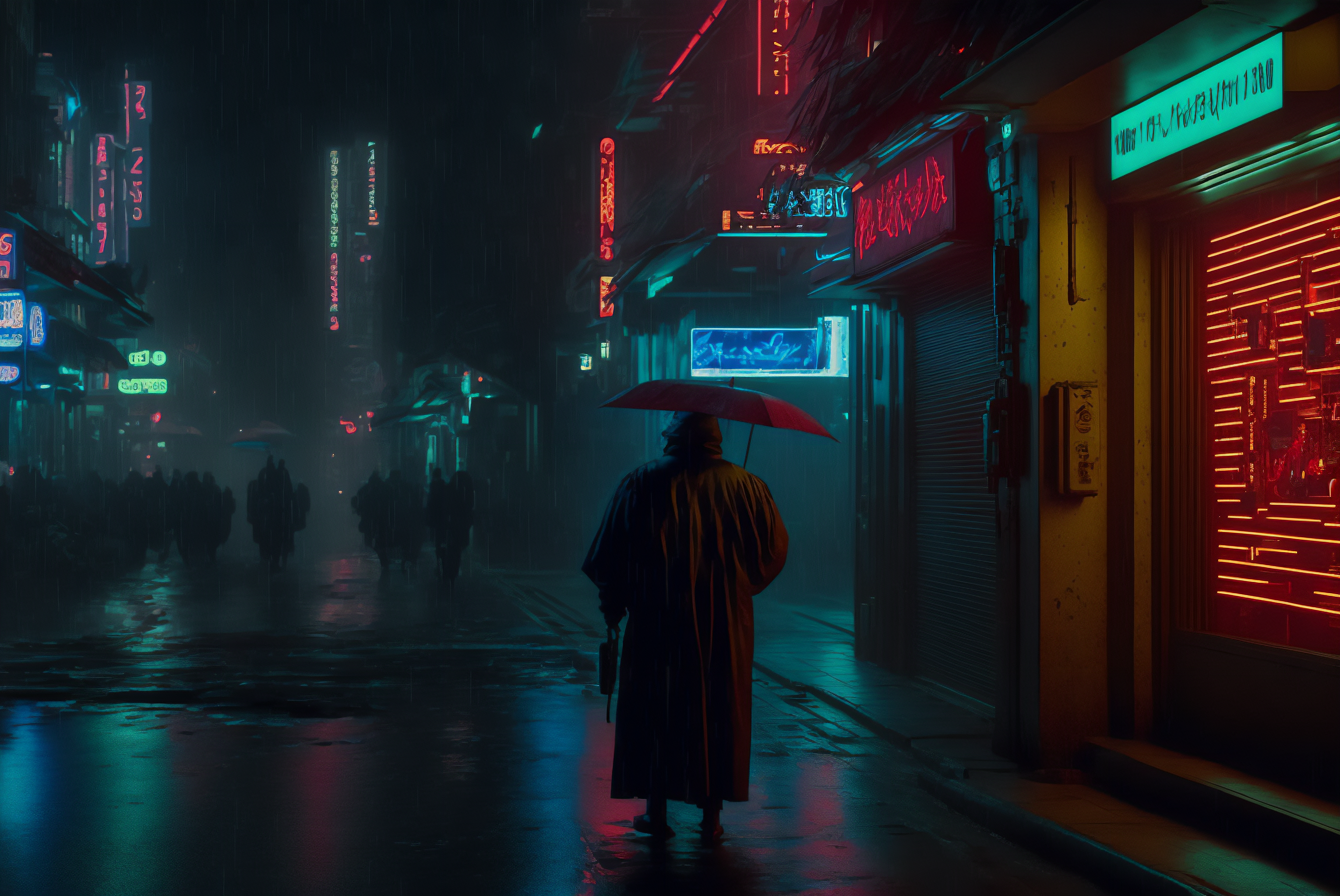 Ai Art Blade Runner Cyberpunk Noir City Street Rain Neon Detectives City Lights Umbrella 3060x2048