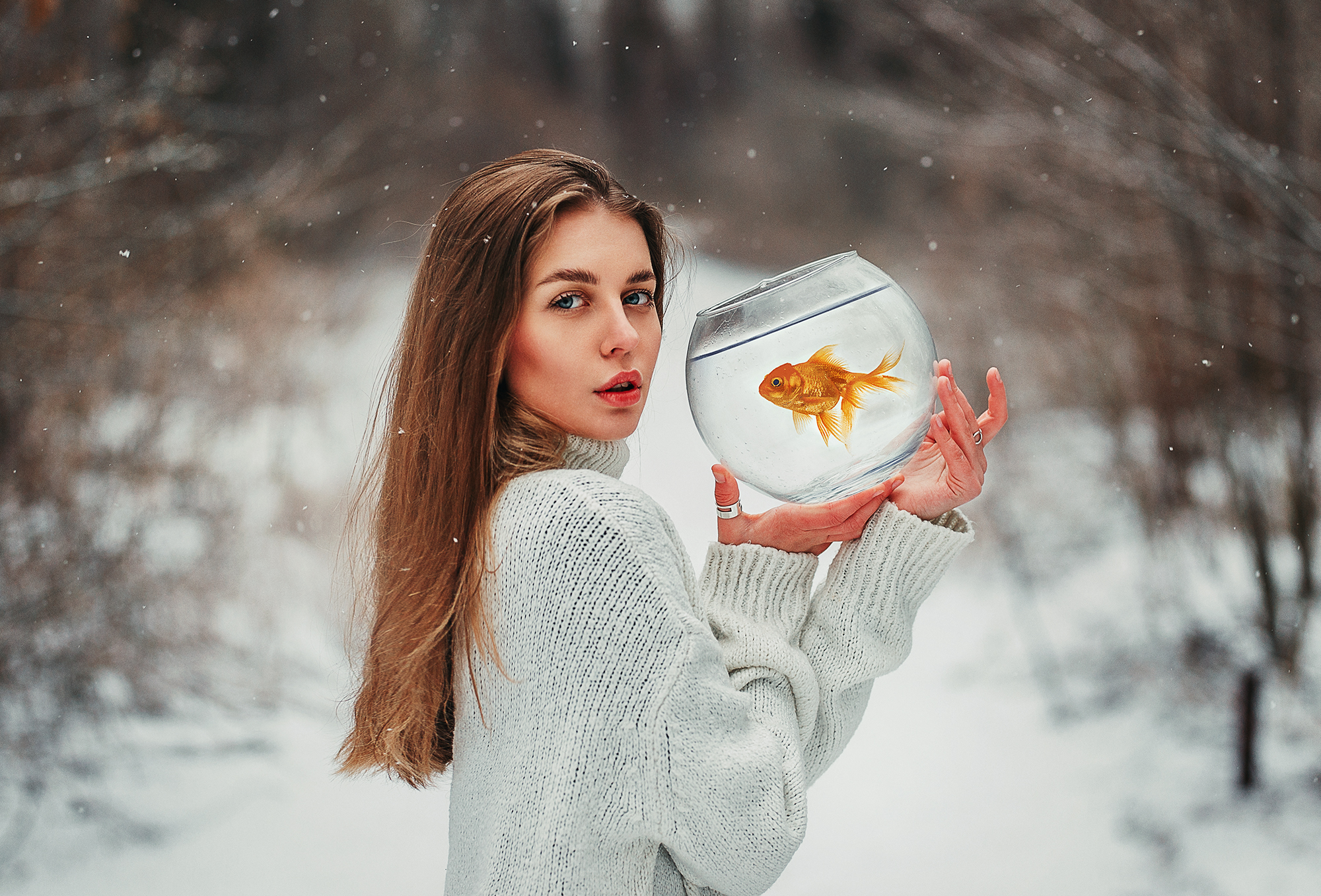 Alex Virusyan Women Brunette Looking At Viewer Fish Bowls Sweater Snow Cold 2000x1357