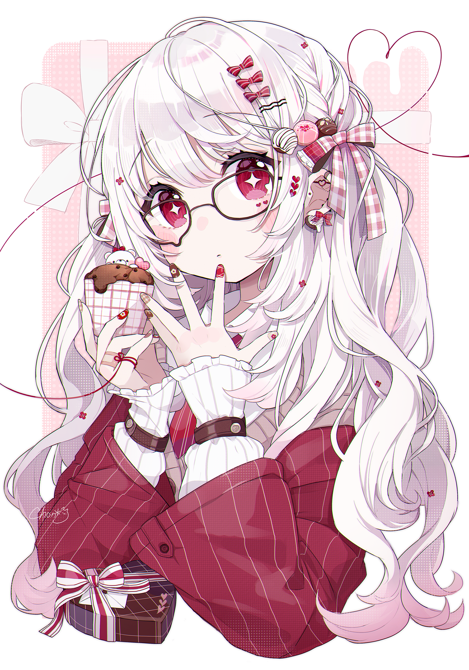 Original Characters Valentines Day Chon Glasses Vertical Anime Girls Star Eyes Red Eyes Gradient Hai 1600x2283