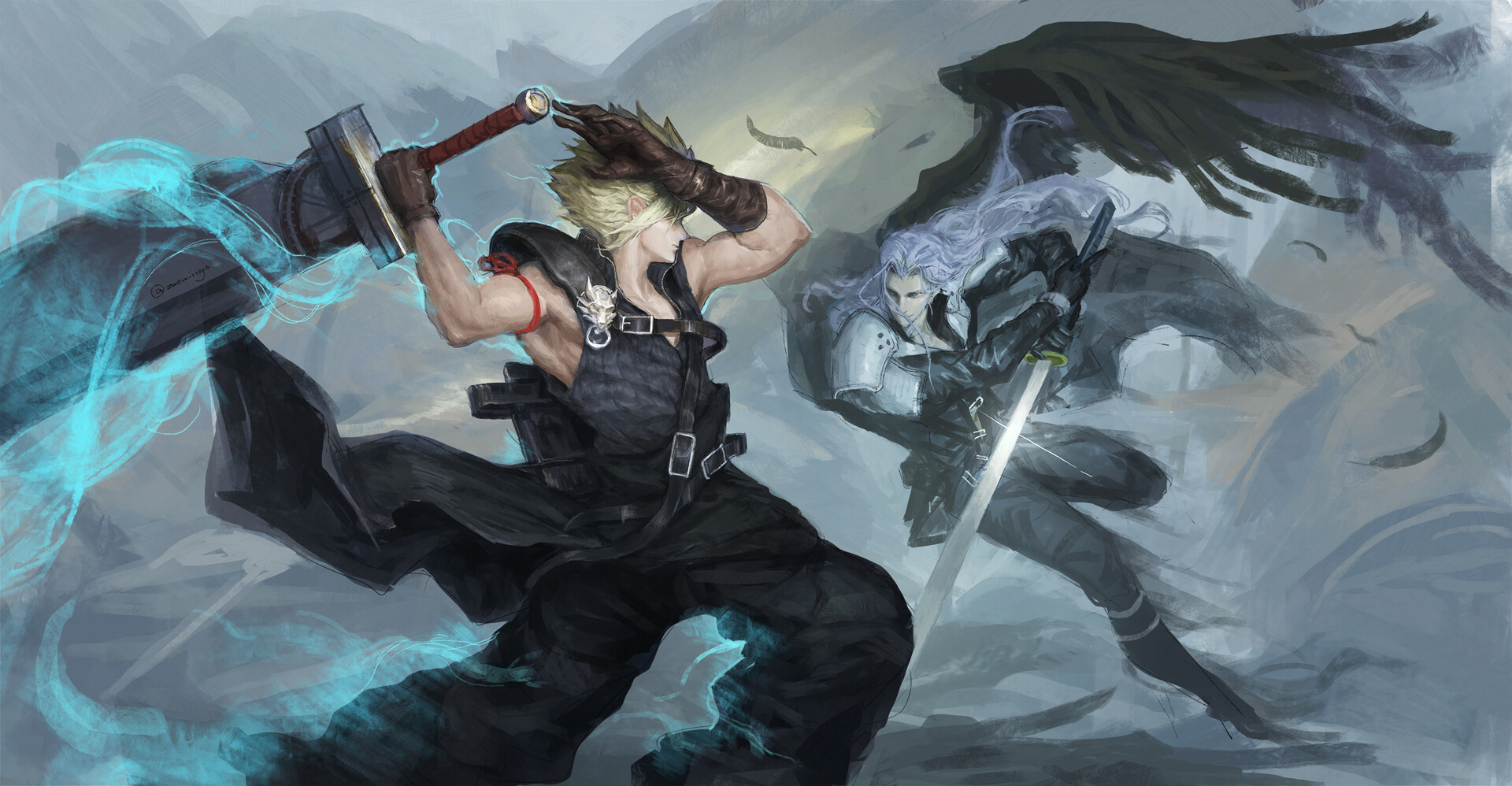 Final Fantasy Vii Cloud Strife Sephiroth Anime Boys Gloves Sword Armpits Fighting Wings Feathers Sho 1920x998