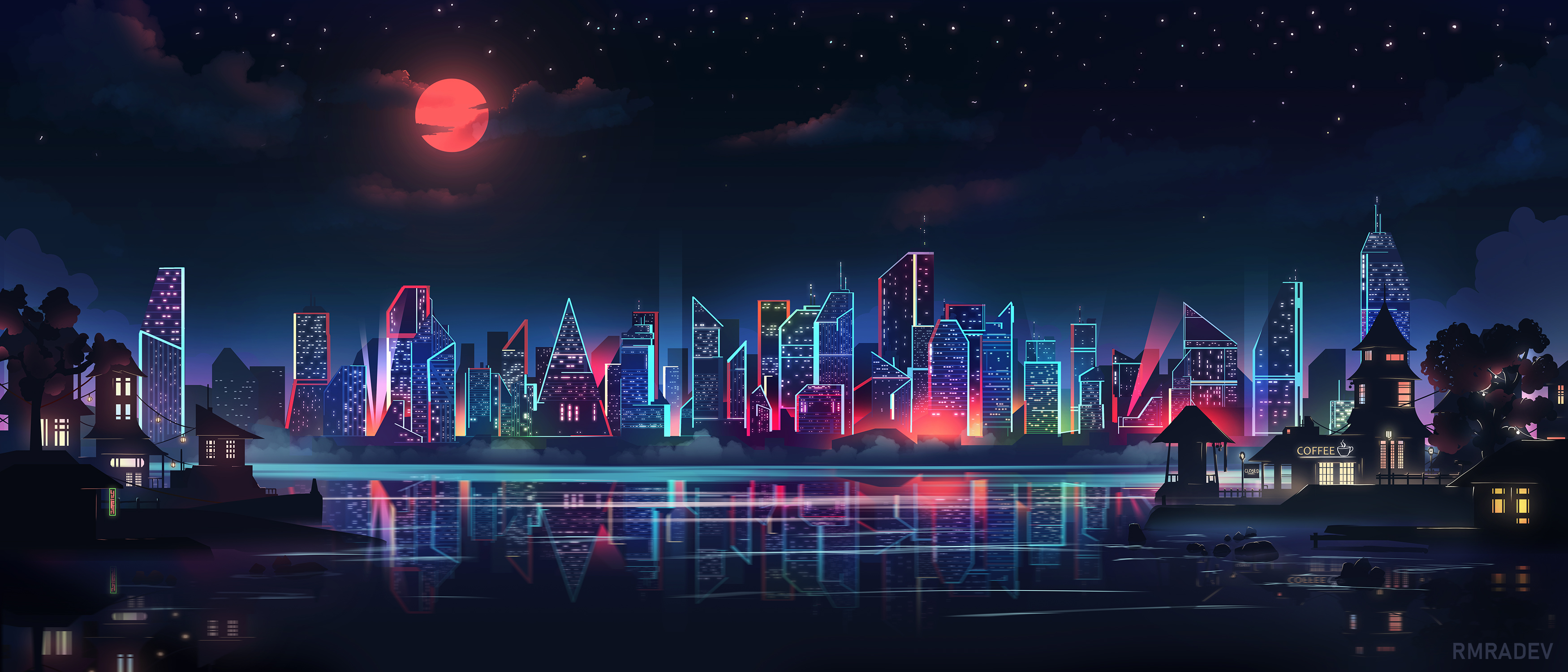 RmRadev Digital Art Artwork Illustration City Cityscape Night Nightscape Building Skyscraper Clouds  3500x1500