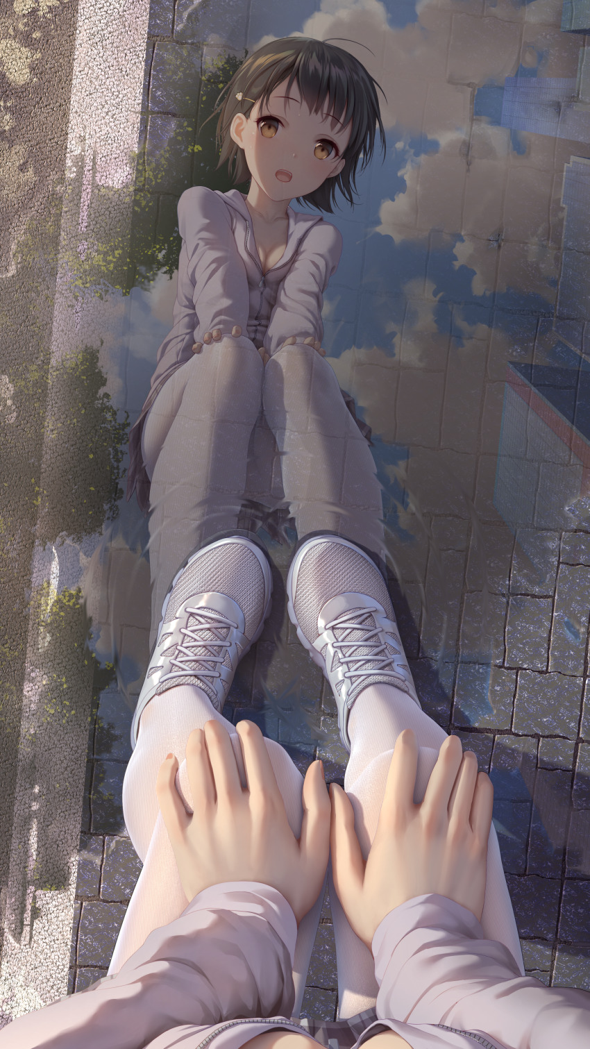 Anime Anime Girls Reflection Vertical Water Schoolgirl School Uniform Clouds Shoes POV Himitsu Artwo 850x1511
