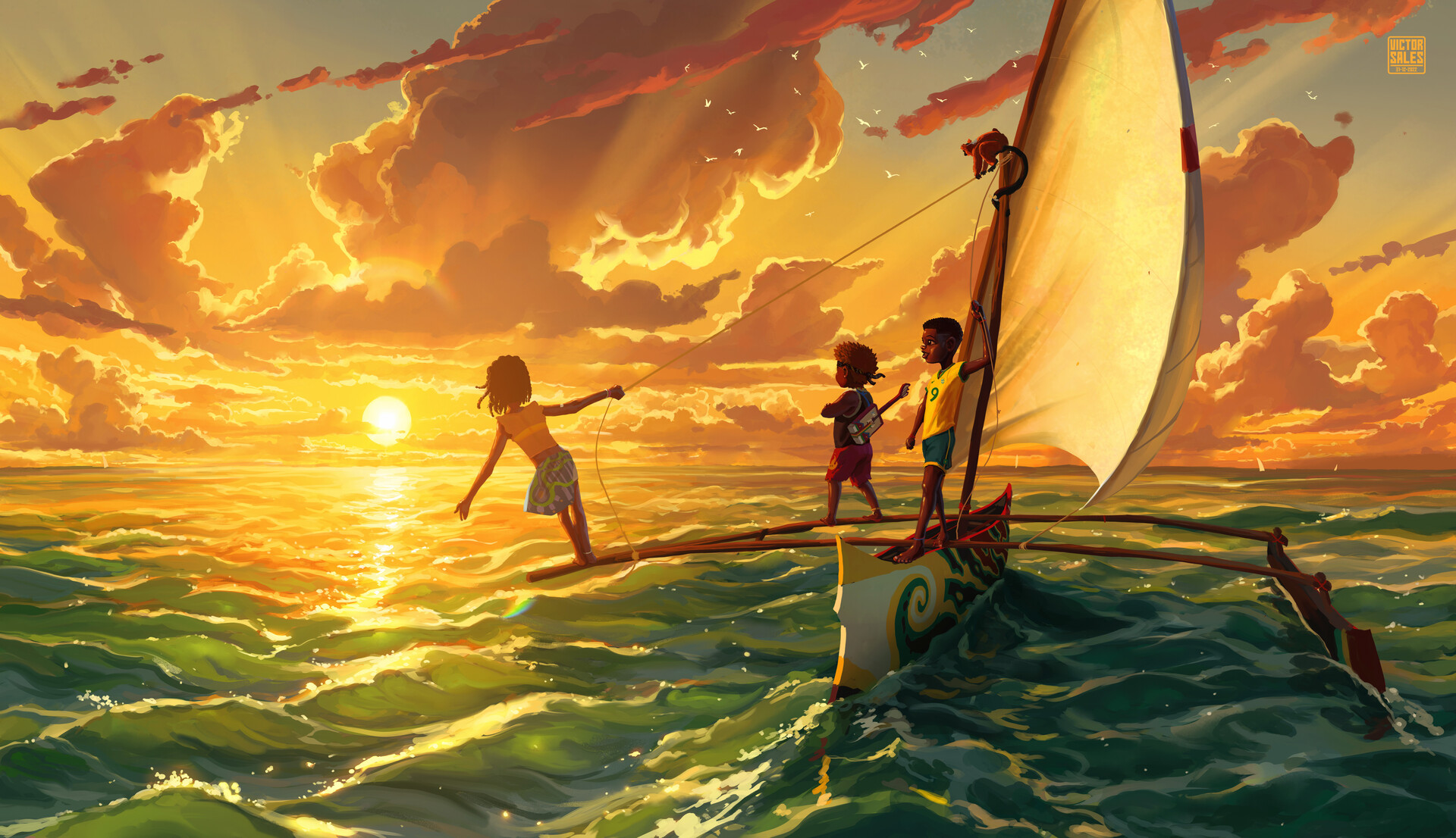 Victor Sales Digital Art Fantasy Art ArtStation Children Sailing Ship Sunrise Landscape Clouds Water 1920x1106