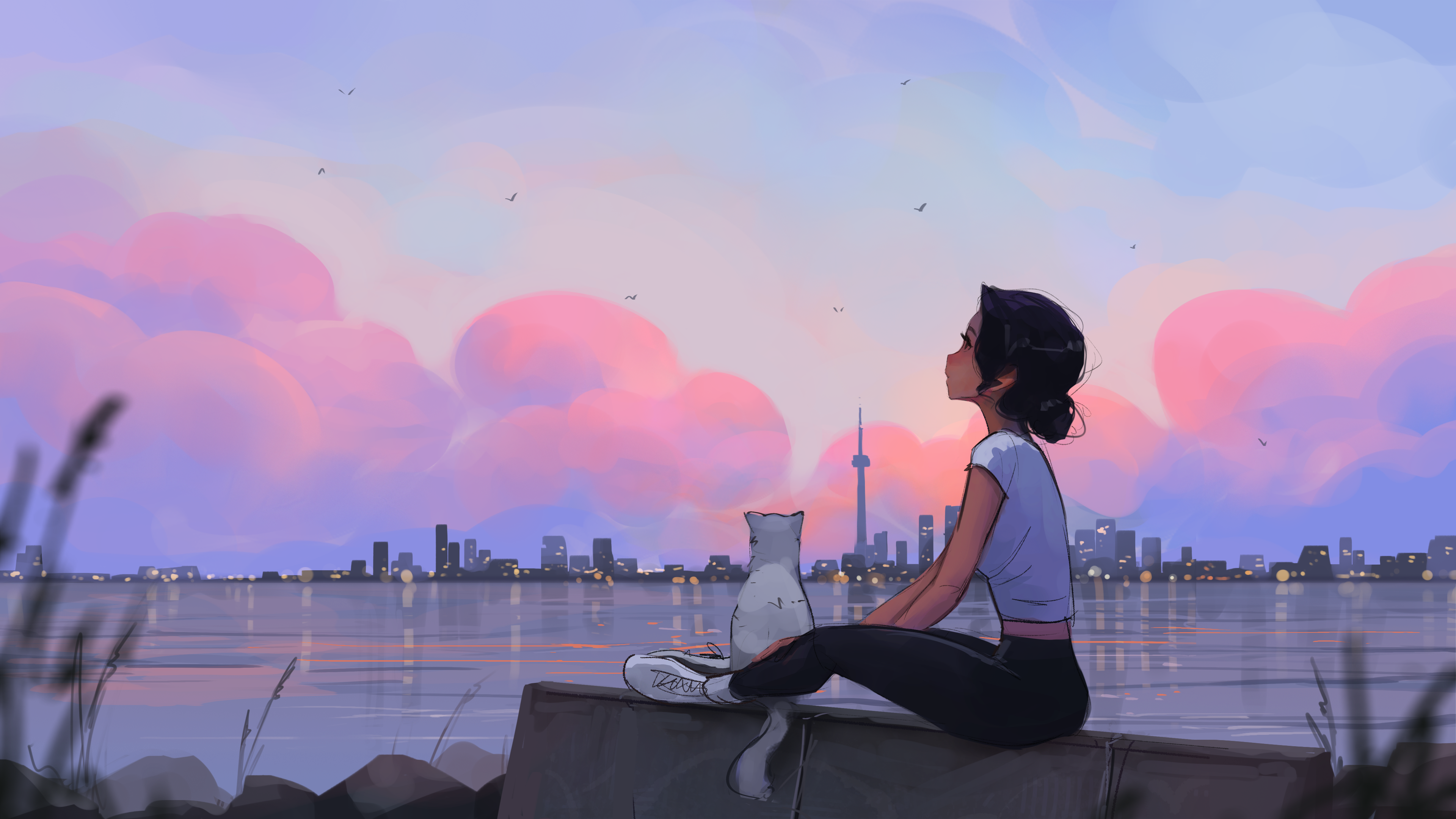 Sam Yang Toronto Artwork Clouds Cats Girl Sitting On Ground Lake Twilight Looking Away Sky Water Cit 3840x2160