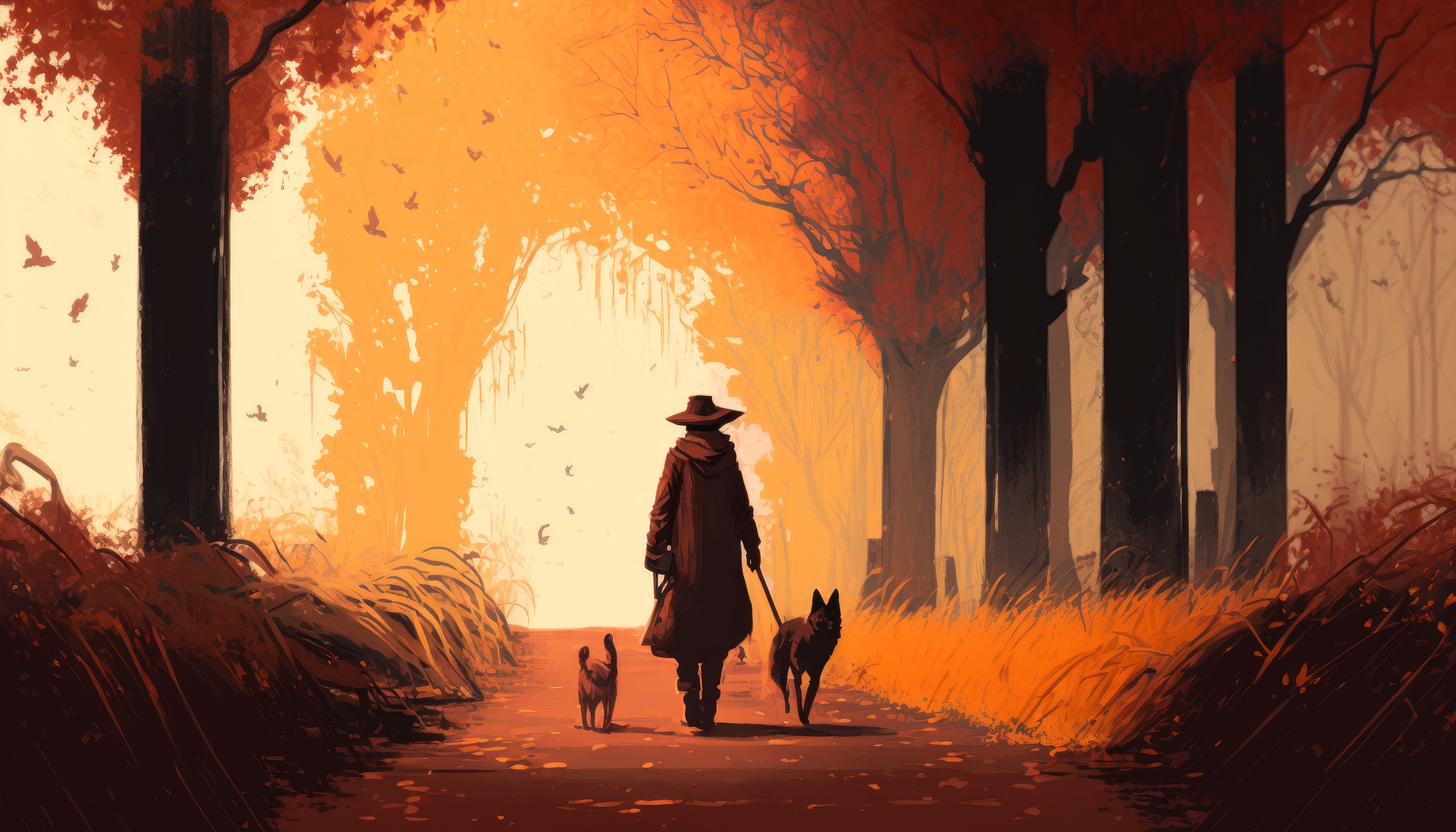 Ai Art Orange Illustration Dog Fall Path Animals Trees 4579x2616