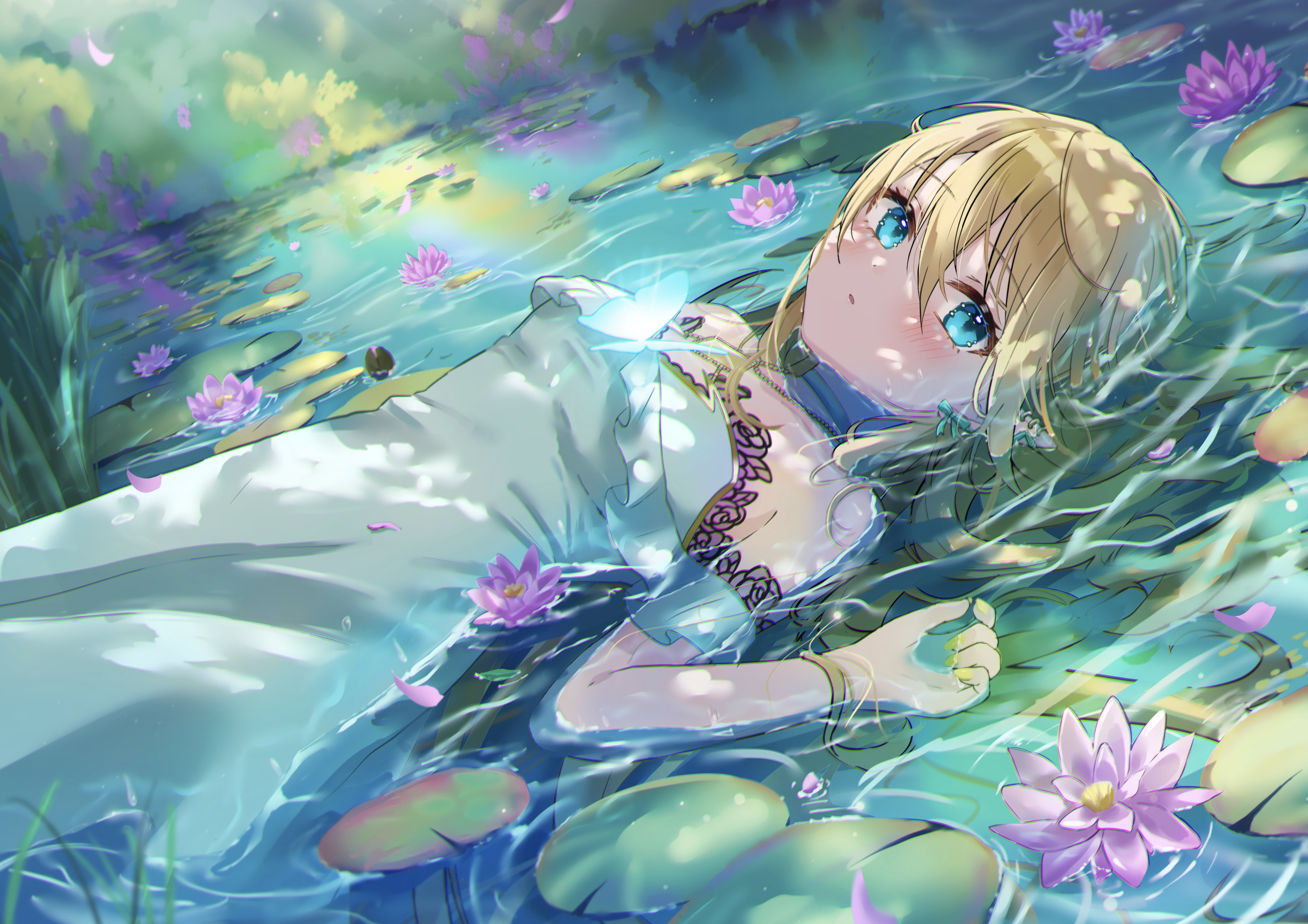 Anime Girls Lying Down Lying On Back Water Looking At Viewer Blonde White Dress Blue Eyes Long Hair  4404x3113