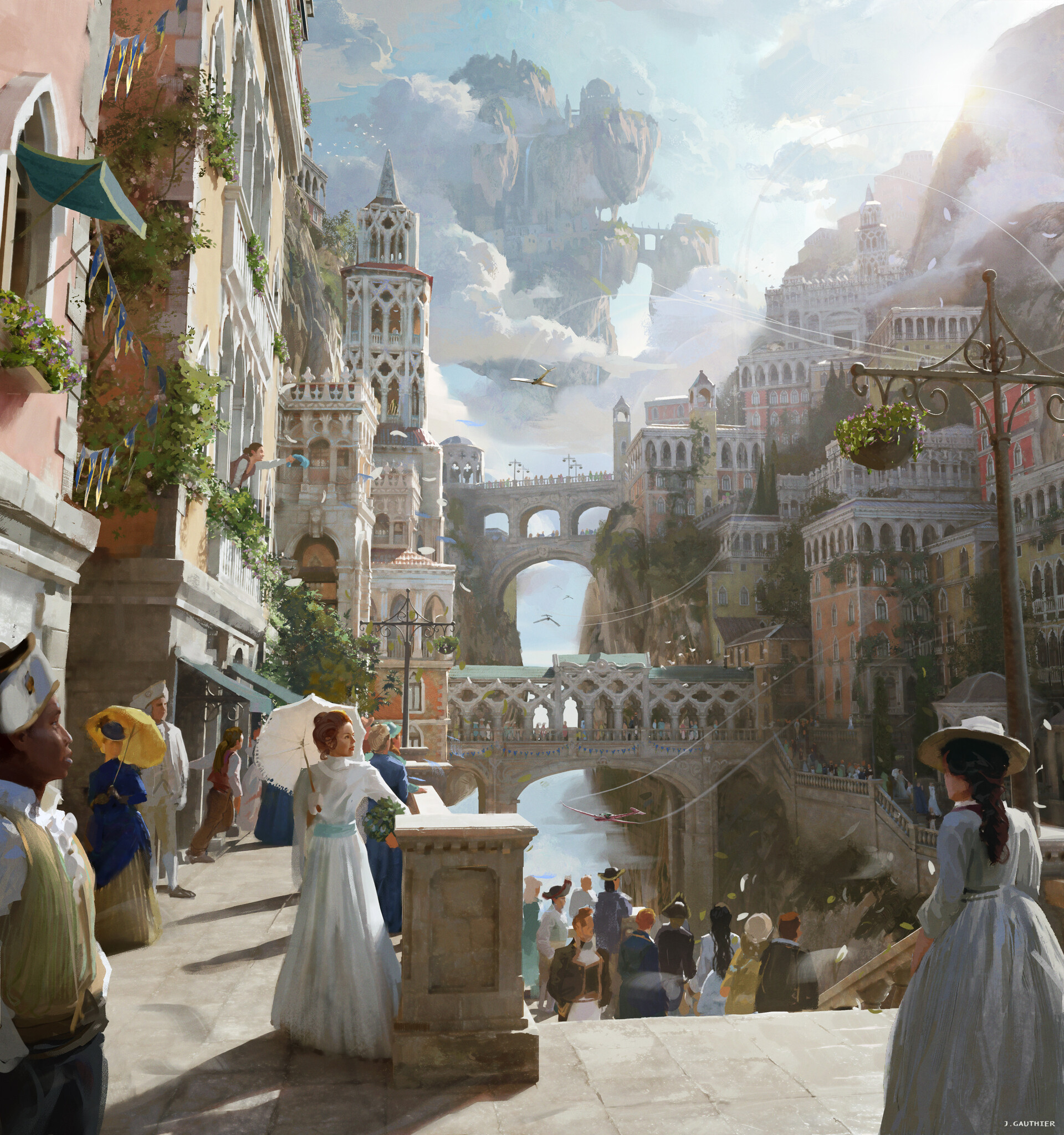 Artwork Fantasy Art Fantasy City Cityscape Julien Gauthier Women Men People Sky 1920x2048