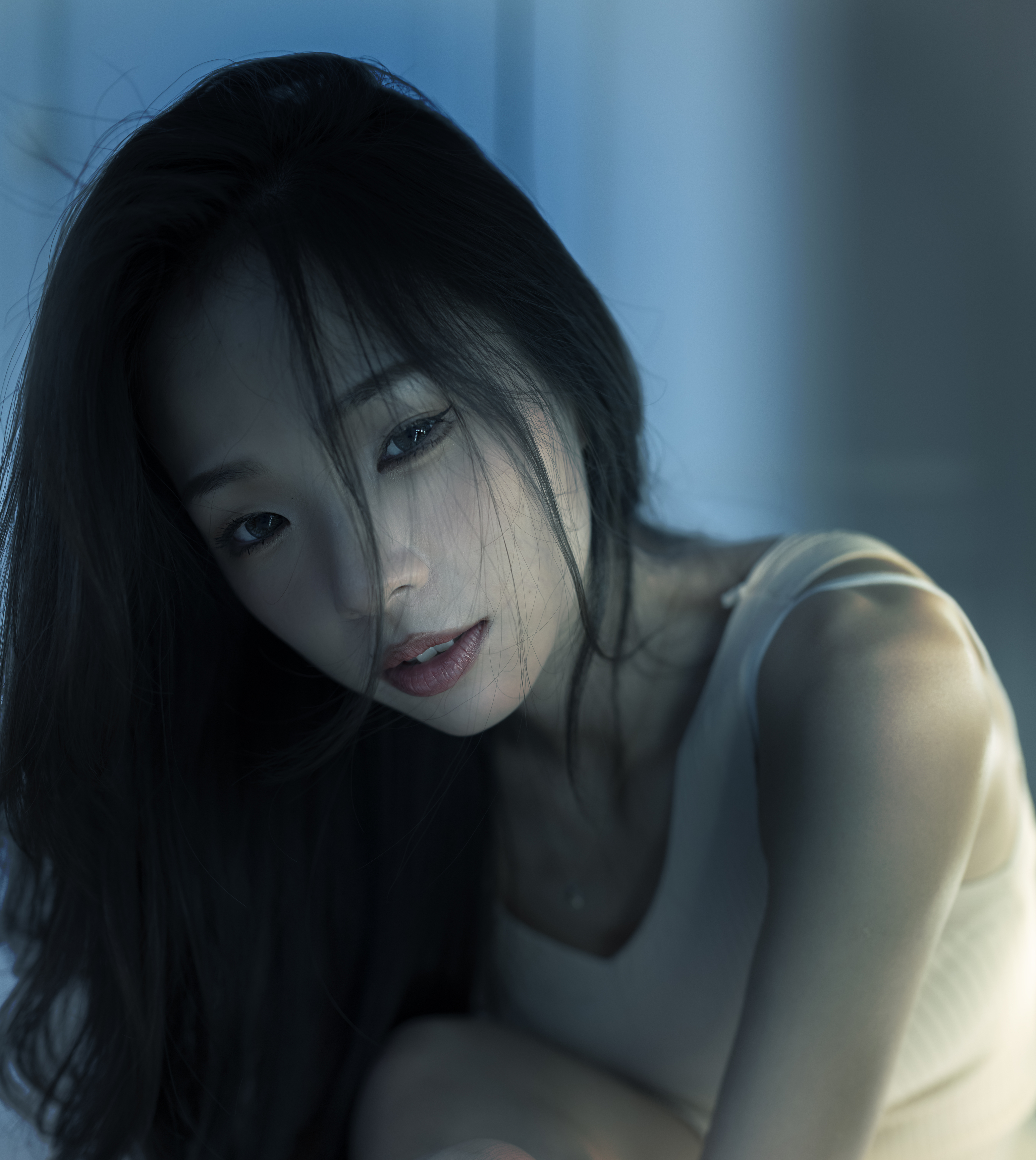 Chou Hsuan Yung Women Asian Dark Hair Hair In Face Portrait Tank Top Blue Skinny 3127x3500