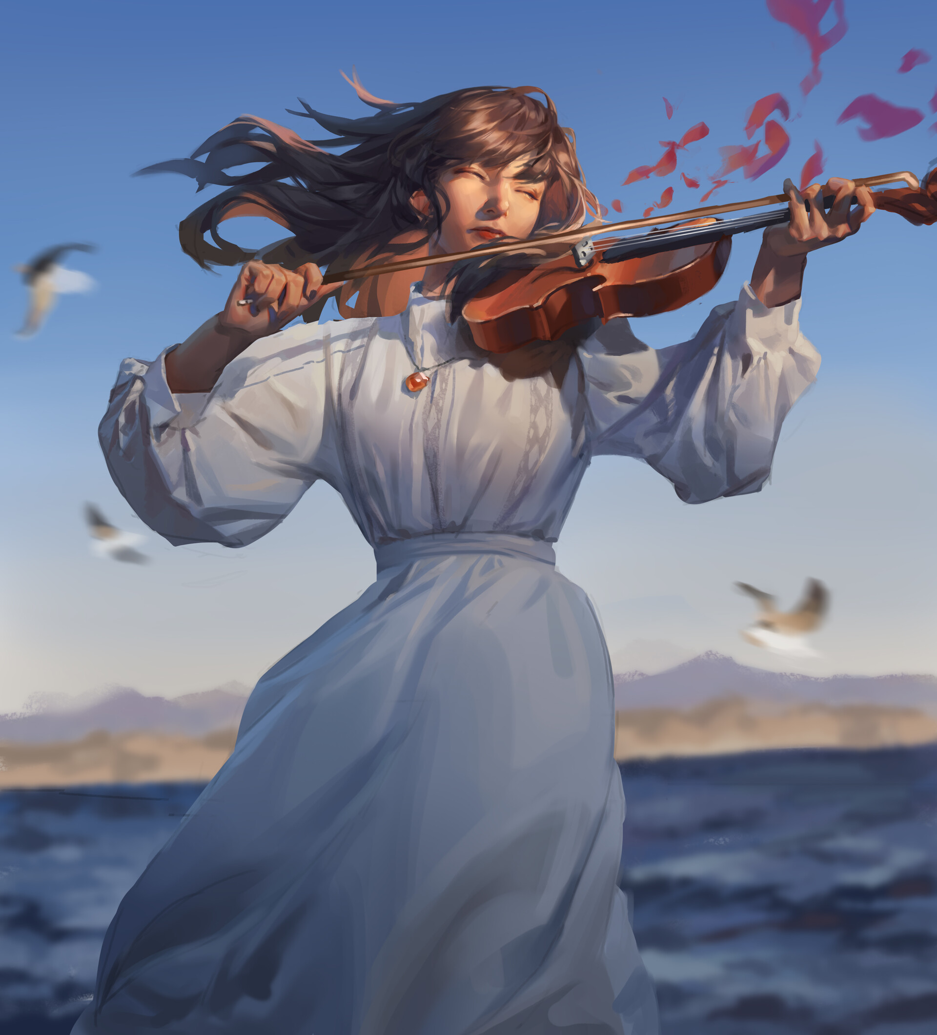 Zim Digital Art Artwork Illustration Women Violin Instrument Dark Hair Hair Blowing In The Wind Long 1920x2121