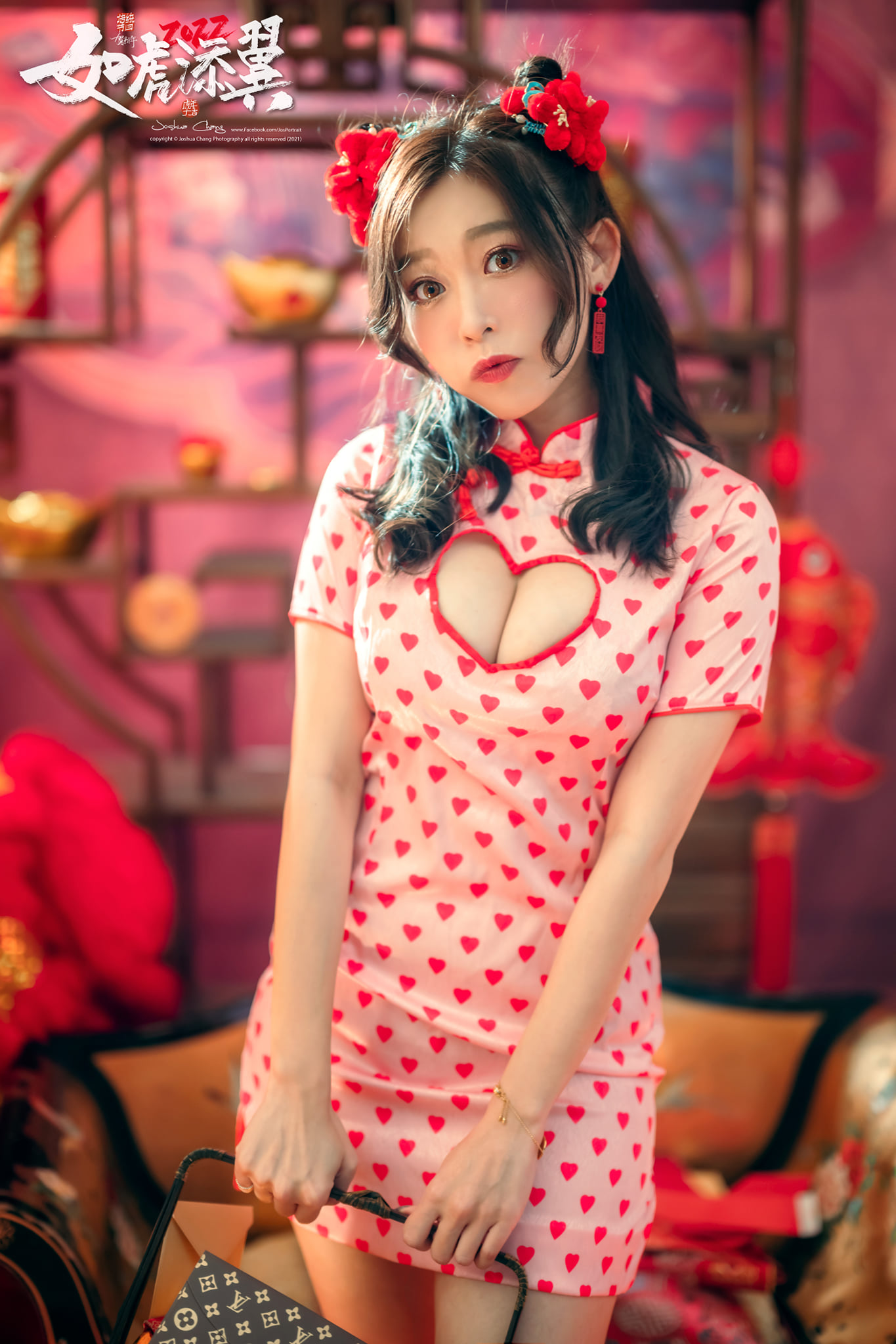 Polka Dots Dress Asian Women Oriental Long Hair Brunette Red Joshua Chang Looking At Viewer Red Lips 1365x2048