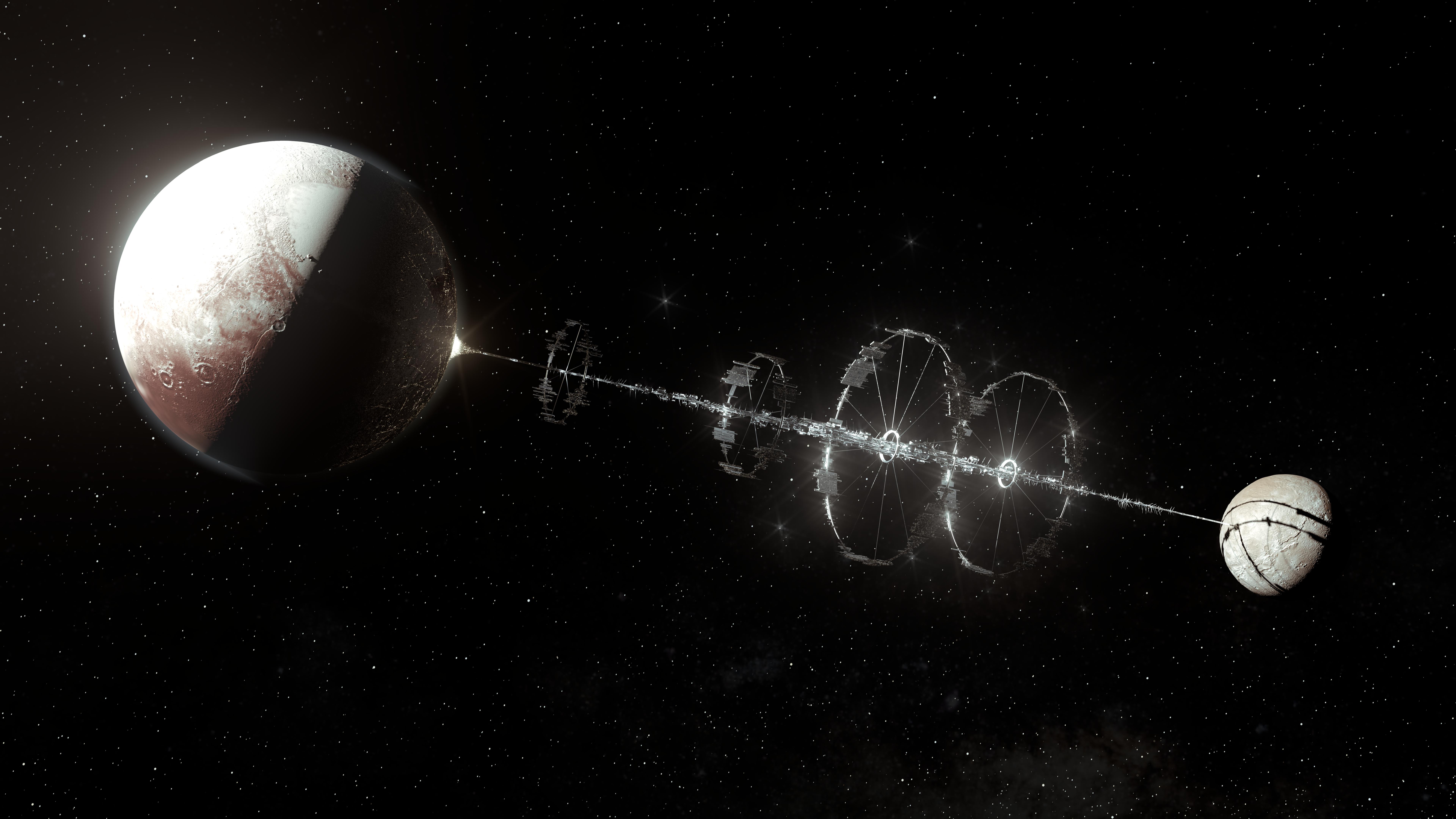 Charon Pluto Space Station Futuristic Space Planet Moon Stars 7680x4320