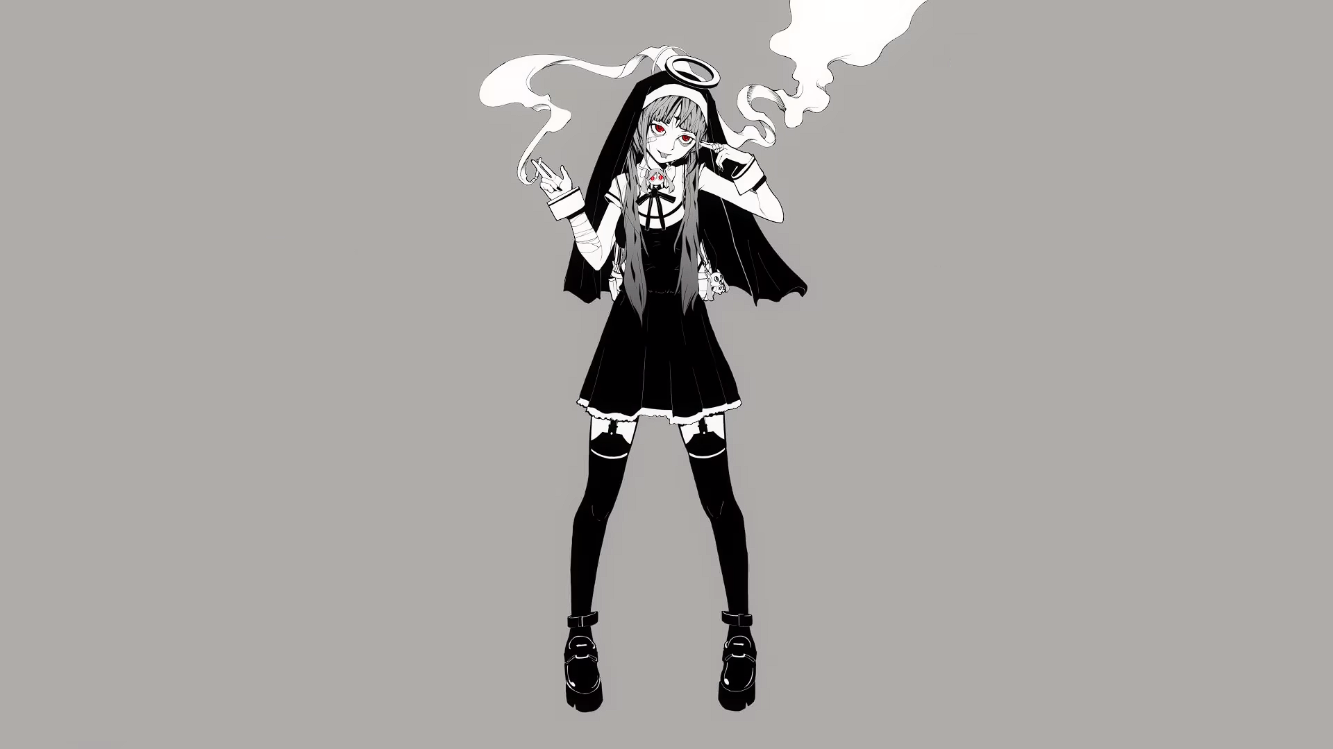PinnochioP Hatsune Miku Cigarettes Nun Outfit Nimbus Simple Background Dark Minimalism Tongue Out Nu 1920x1080