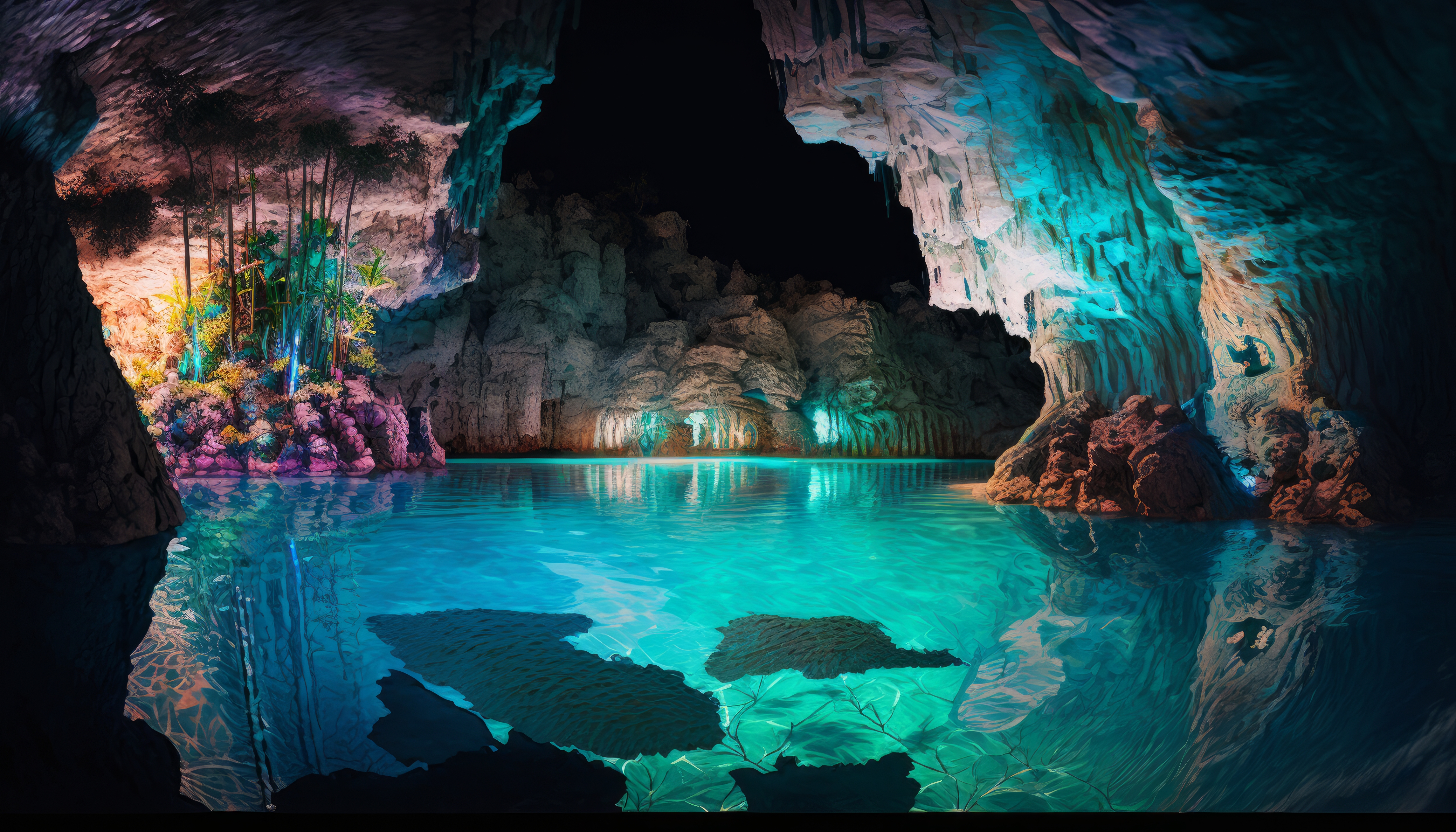 Ai Art Colorful Cave Water Reflection Nature Interior 4579x2616