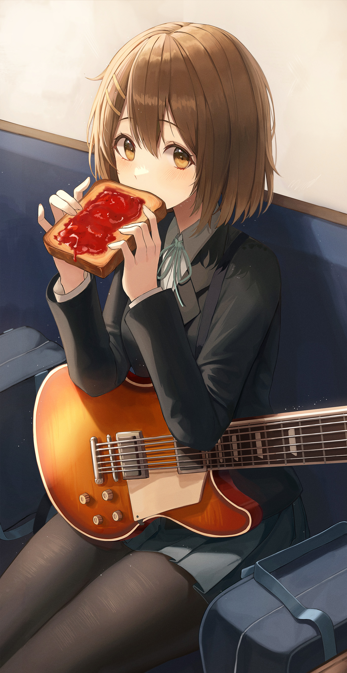 Looking At Viewer K ON Toast Guitar Musical Instrument Anime Anime Girls Brunette Brown Eyes Hirasaw 1408x2732