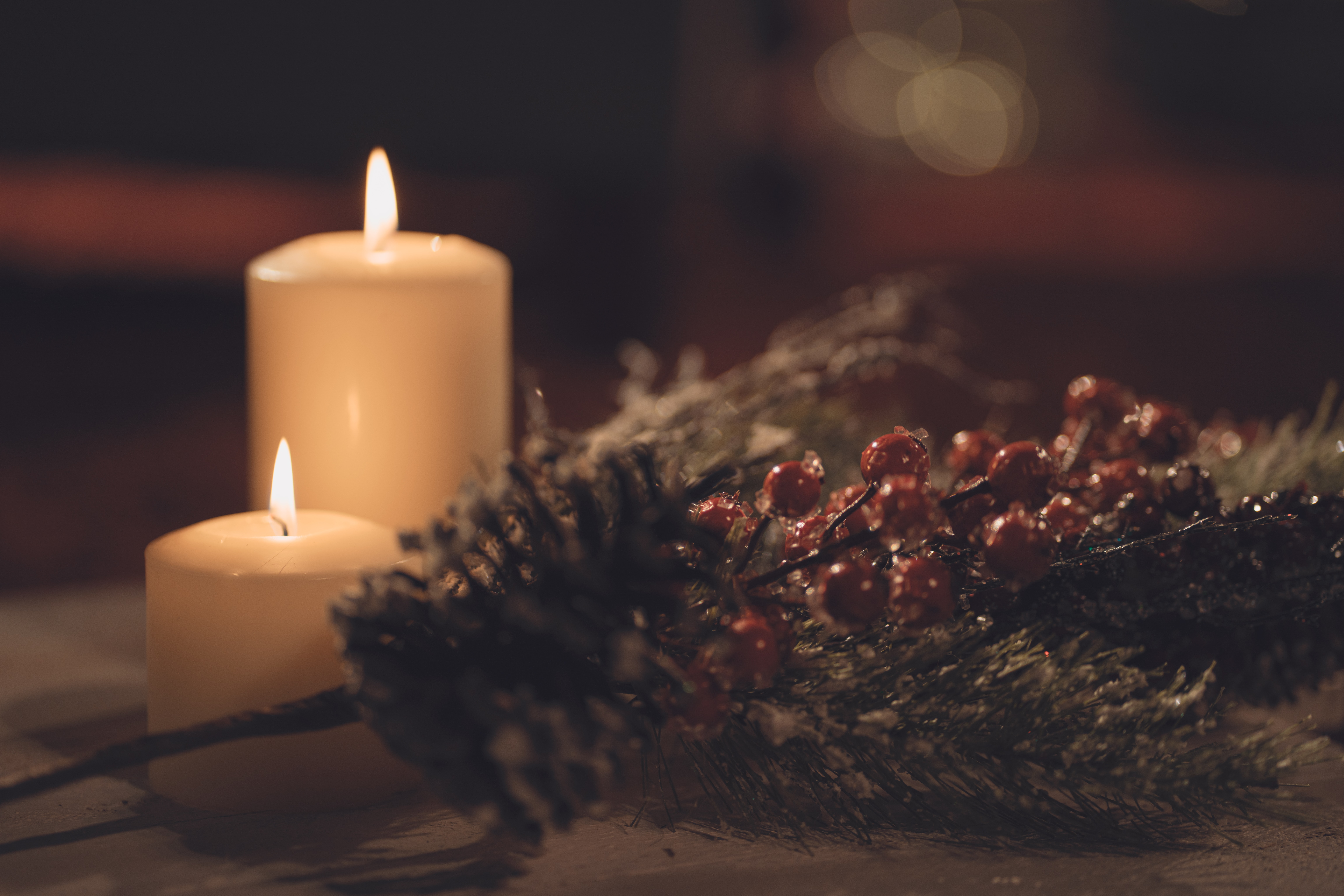 Christmas Winter Candles Bokeh Depth Of Field Snow Brown Background 9221x6147