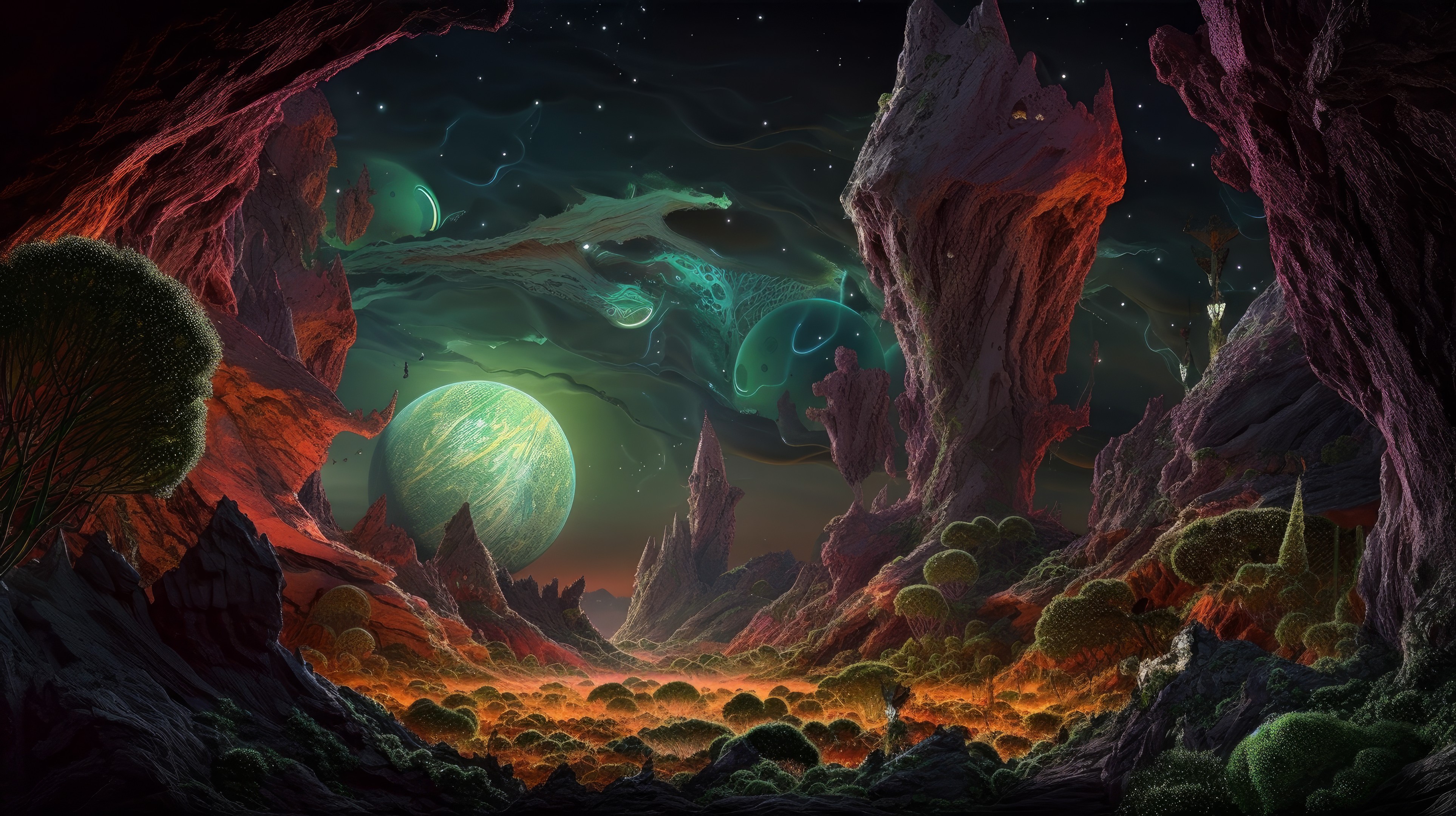 Ai Art Aliens Landscape Planet Colorful Stars Starry Night Night 3854x2160