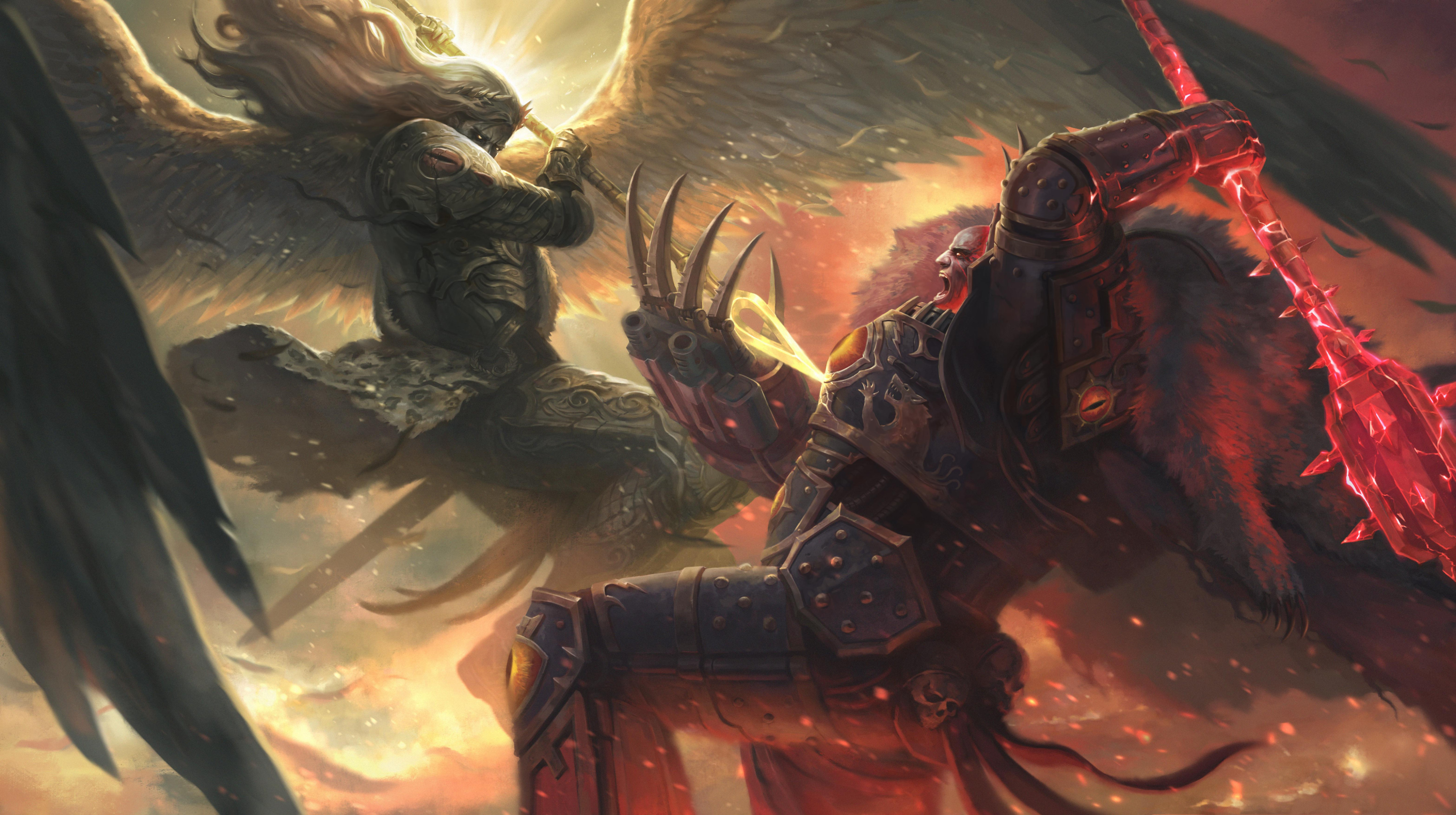 Warhammer 40 000 Horus Heresy Horus Wings Sanguinius Gold Red Chaos Gods Battle Spear Mace Gods Demi 3931x2200