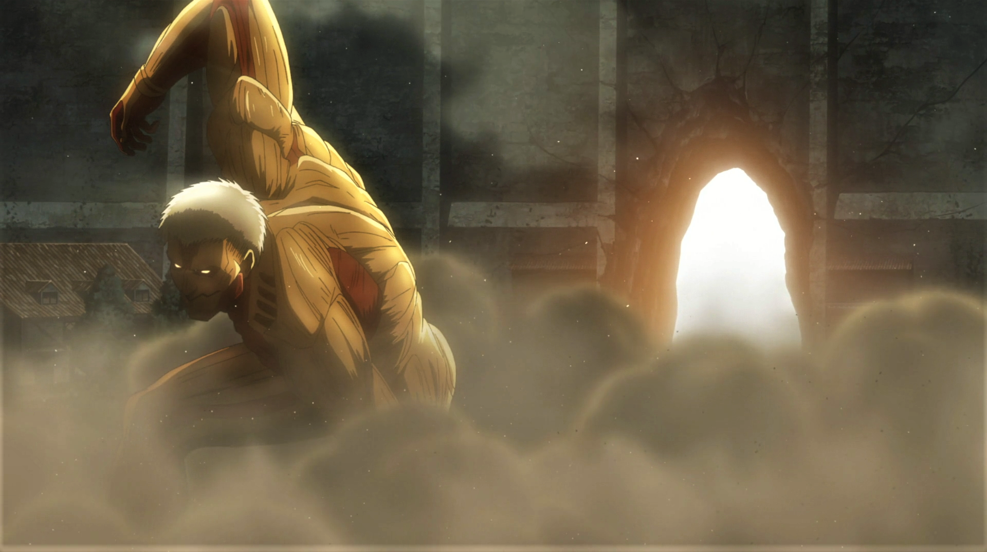 Shingeki No Kyojin Armored Titan Reiner Braun Blonde Armor Hole Wall Muscles Glowing Eyes Smoke Sunl 1920x1074