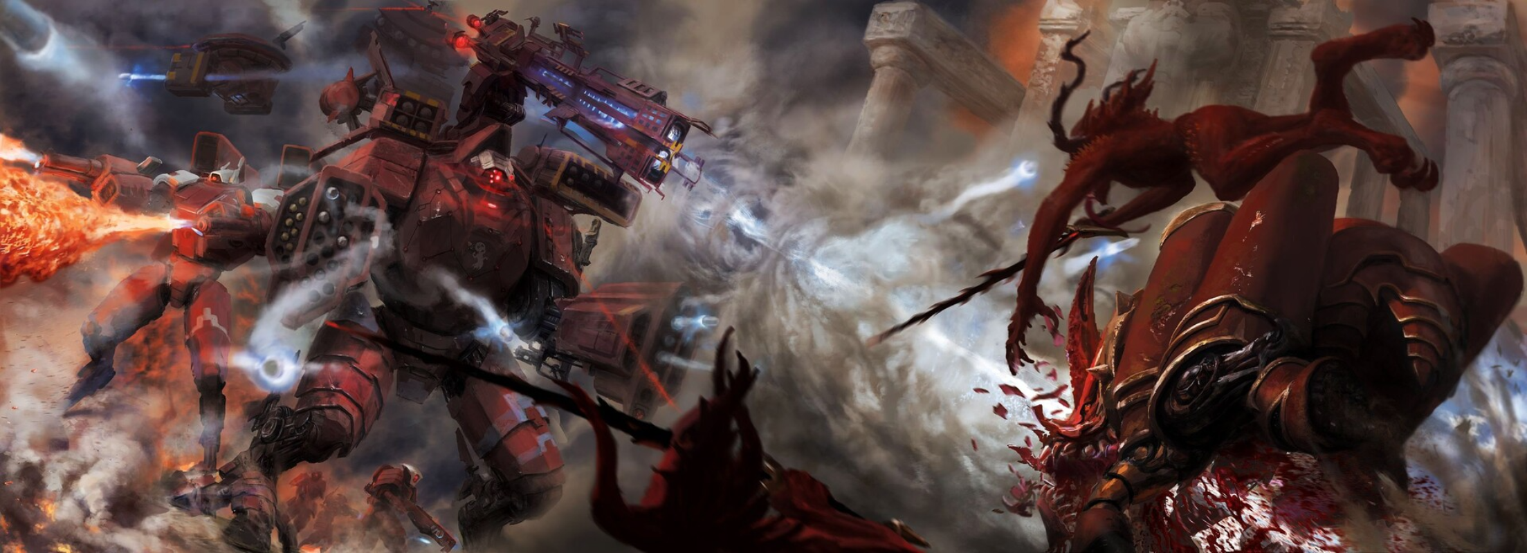 Warhammer Warhammer 30 000 Warhammer 40 000 Tau Tau Empire Farsight Enclaves Red Black White Science 2207x800