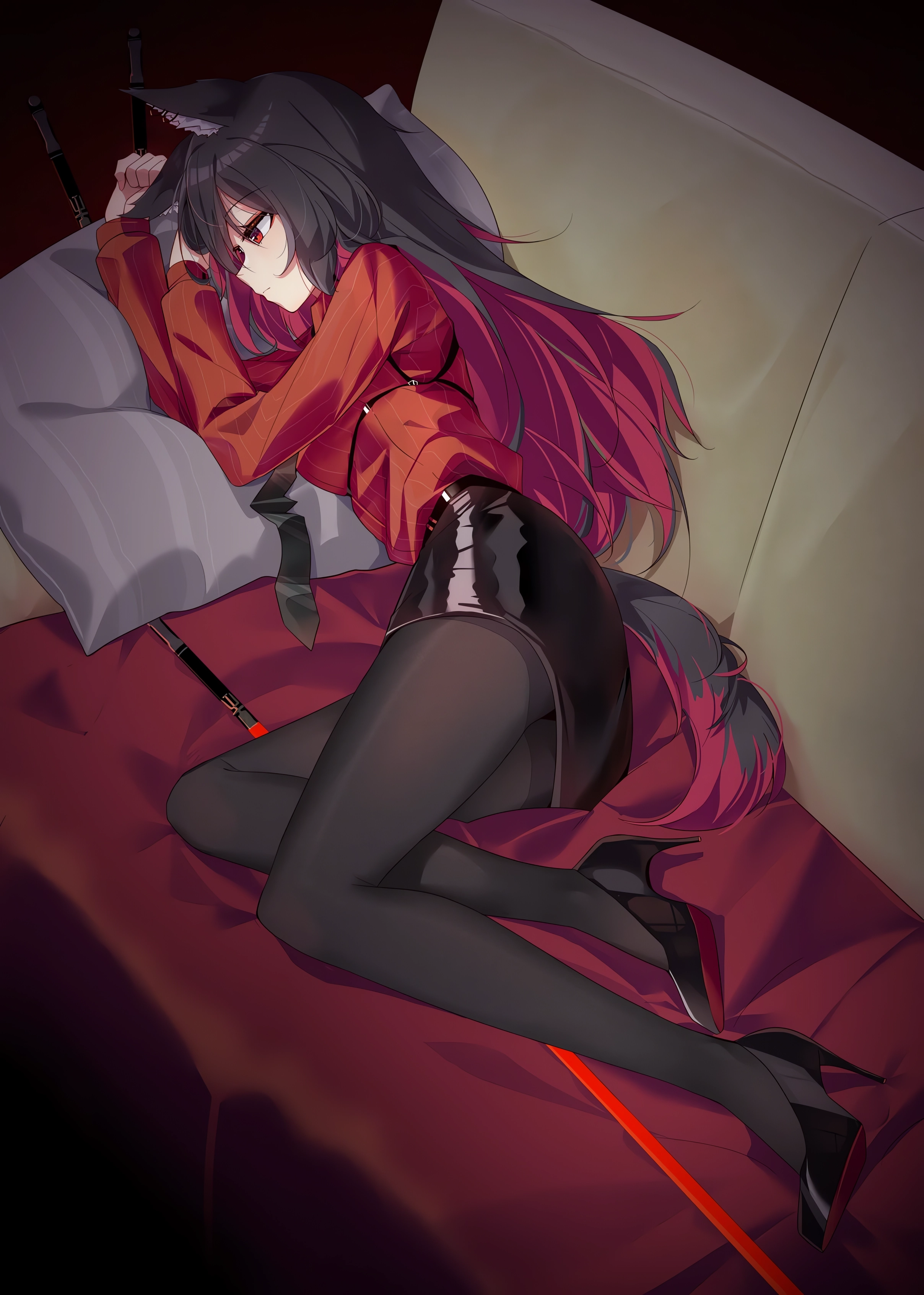 Anime Anime Girls Portrait Display Two Tone Hair Long Hair Lying On Side Heels Pillow Couch Wolf Gir 2416x3388