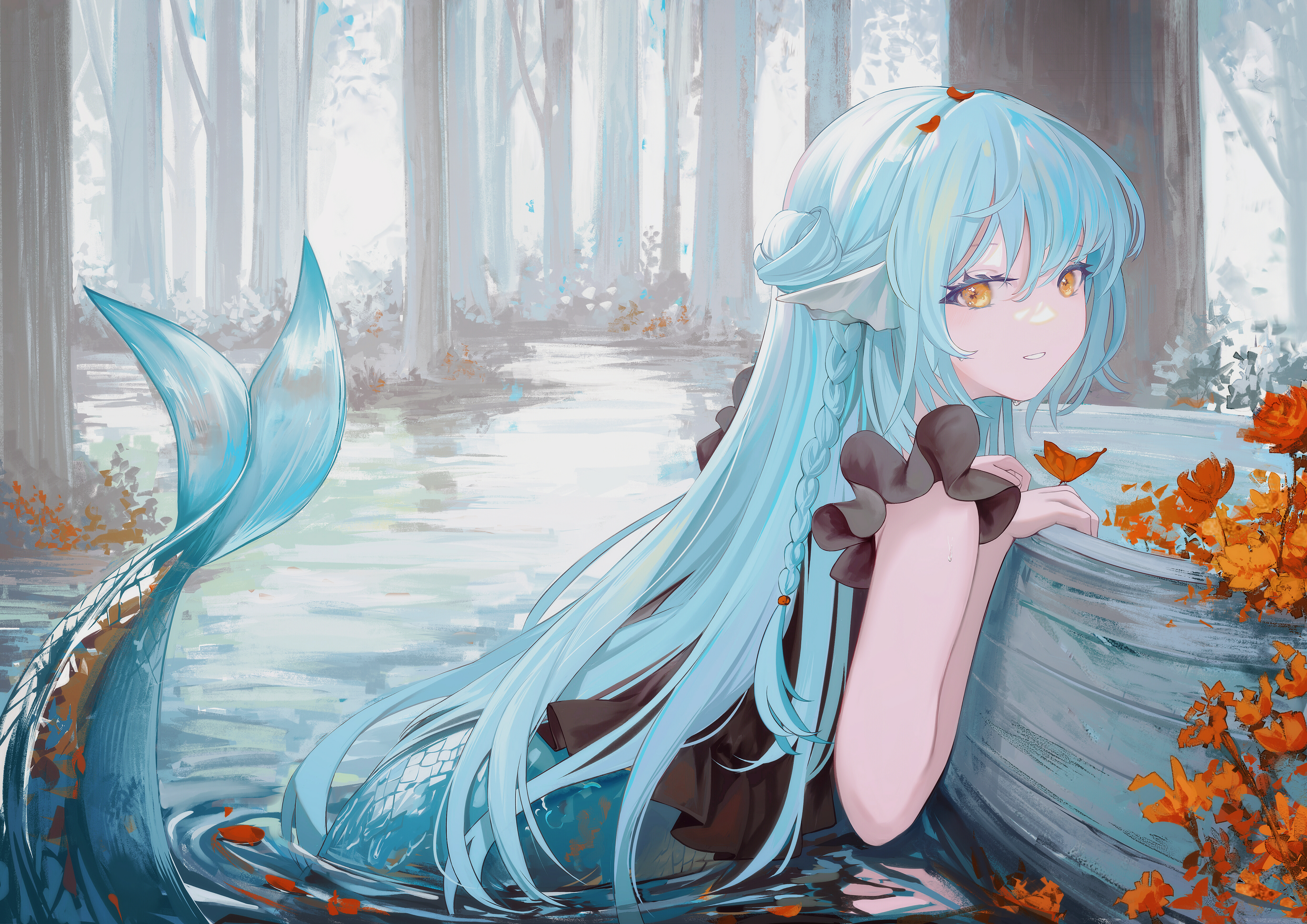 Anime Anime Girls Water In Water Looking At Viewer Trees Butterfly Long Hair Blue Hair Yellow Eyes B 4160x2941
