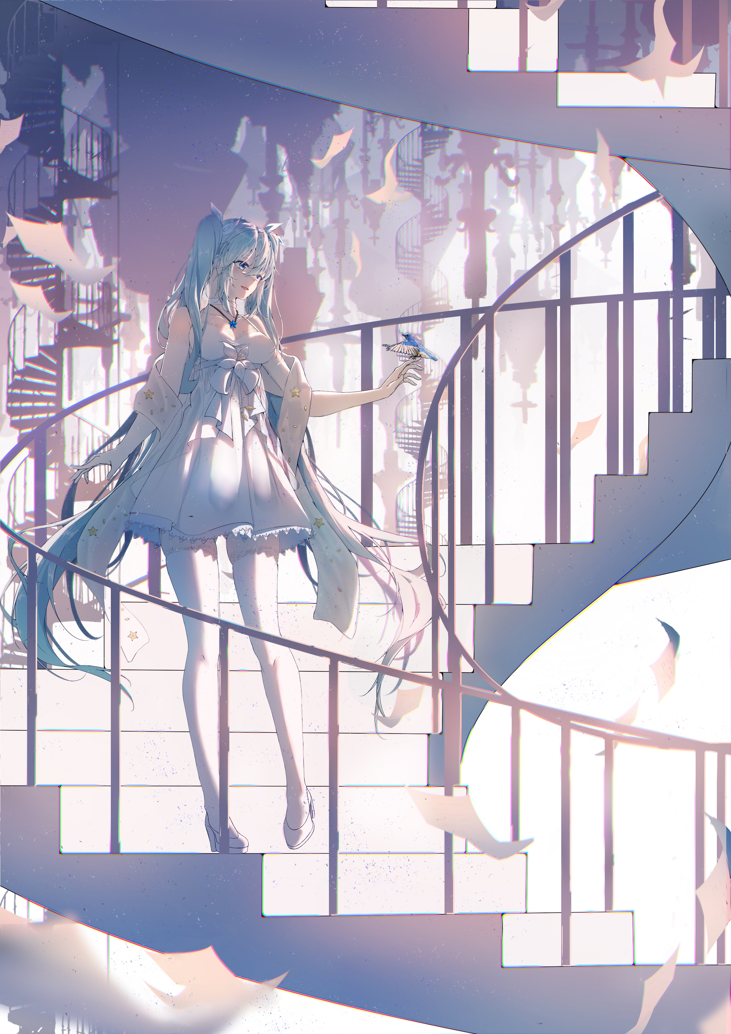 Anime Pixiv Hatsune Miku Vocaloid Stairs Portrait Display Long Hair Twintails Dress Flowers Blue Hai 2480x3507