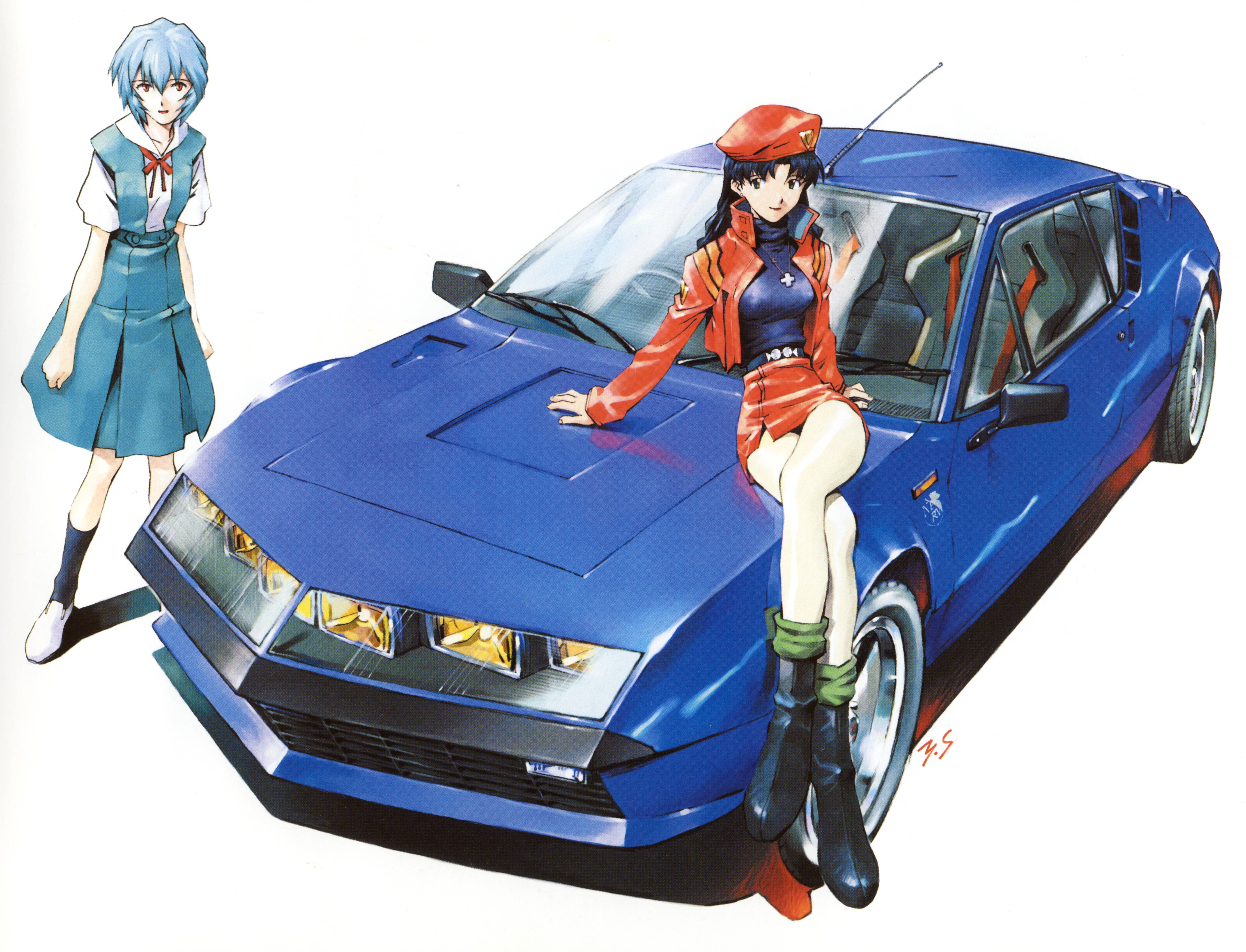 Neon Genesis Evangelion Katsuragi Misato Ayanami Rei Anime Girls Car High Angle Legs Crossed Hat 5526x4222