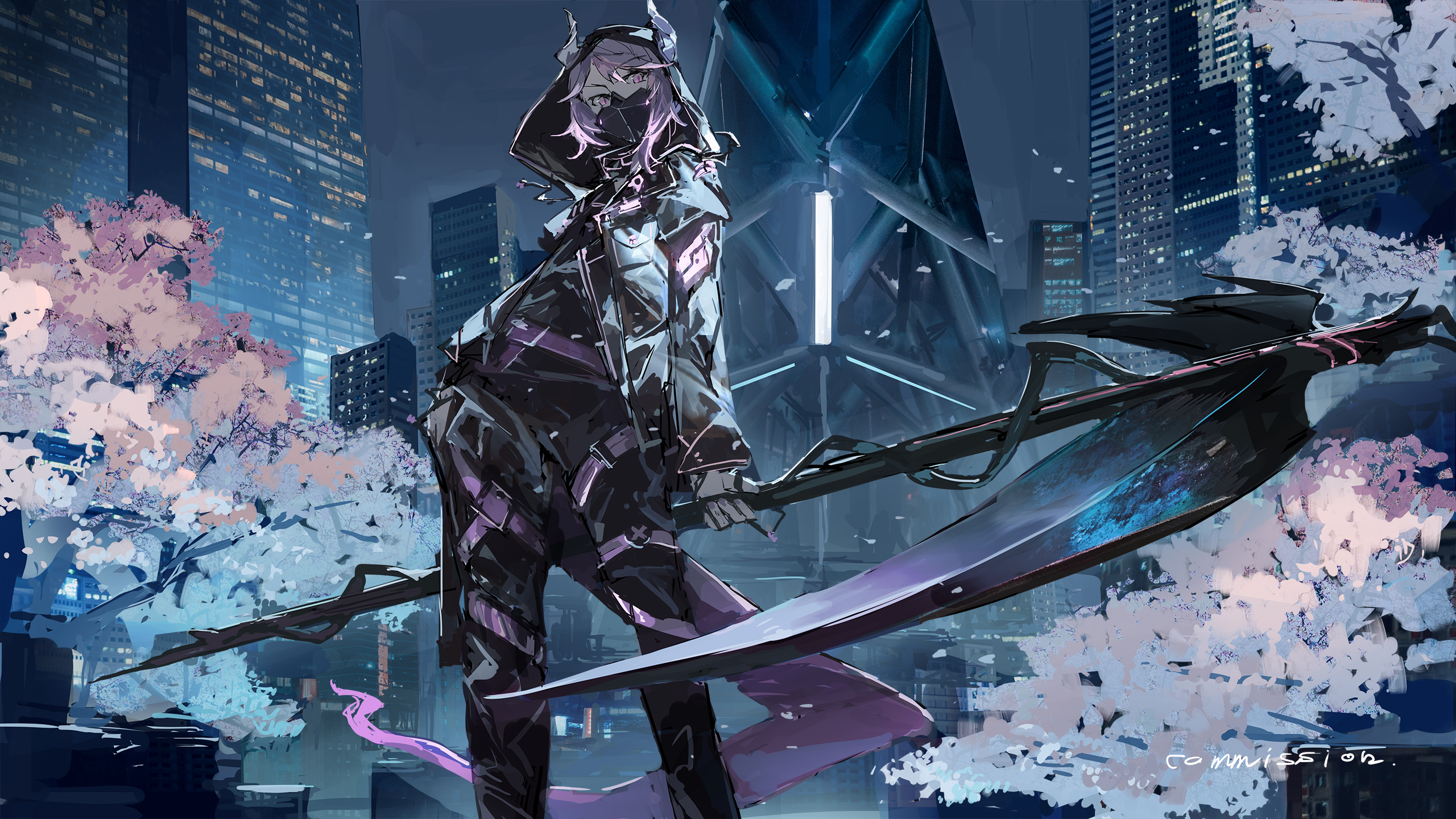 Futuristic Scythe Pink Hair Cherry Trees Anime Girls Mask Weapon Petals Horns City 2560x1440