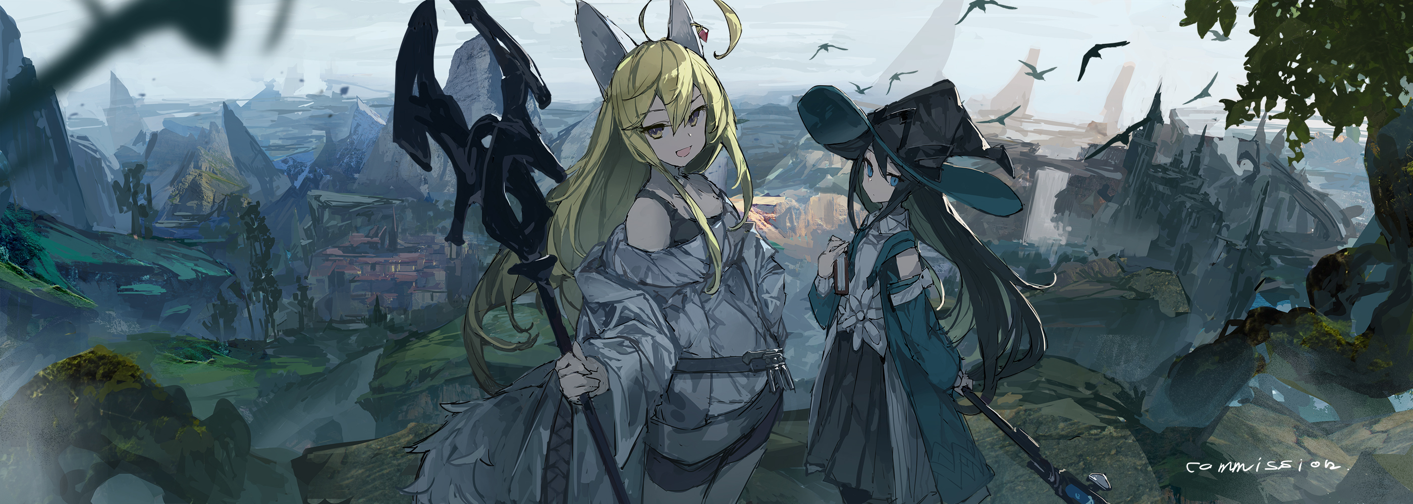 Mages Blonde Staff Anime Girls Witch Hat Birds Long Hair 2800x1000