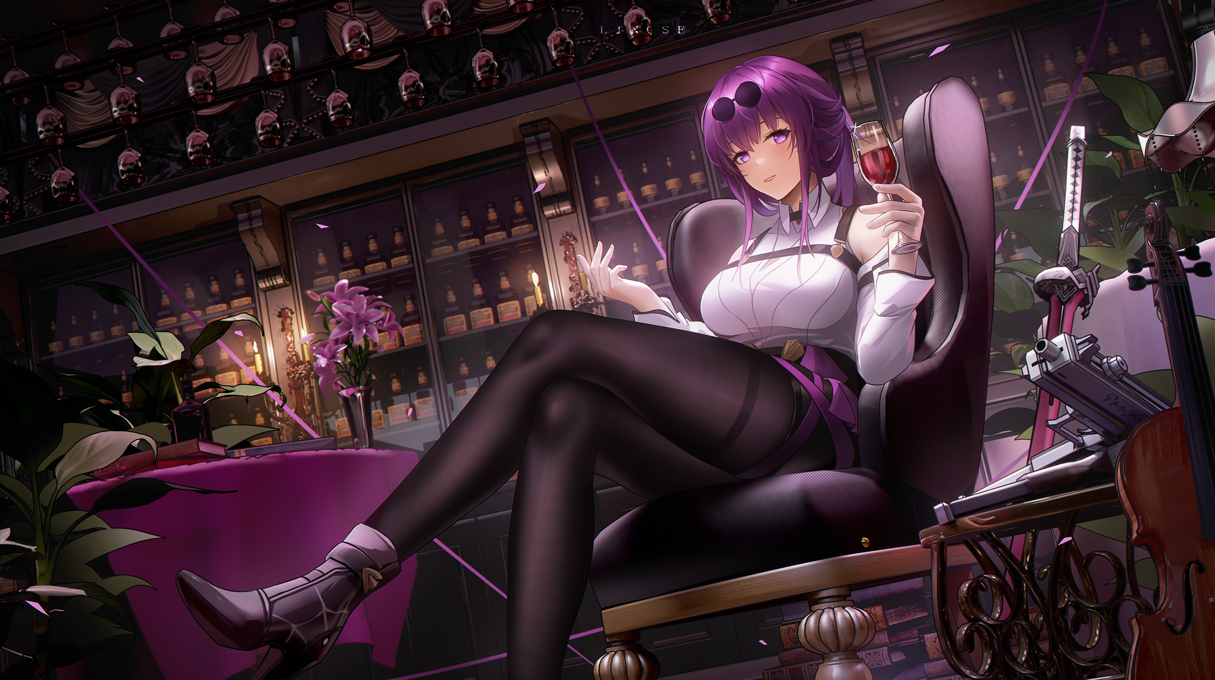 Anime Anime Girls Kafka Honkai Star Rail Honkai Star Rail Sitting Wine Wine Glass Purple Hair Purple 2500x1400