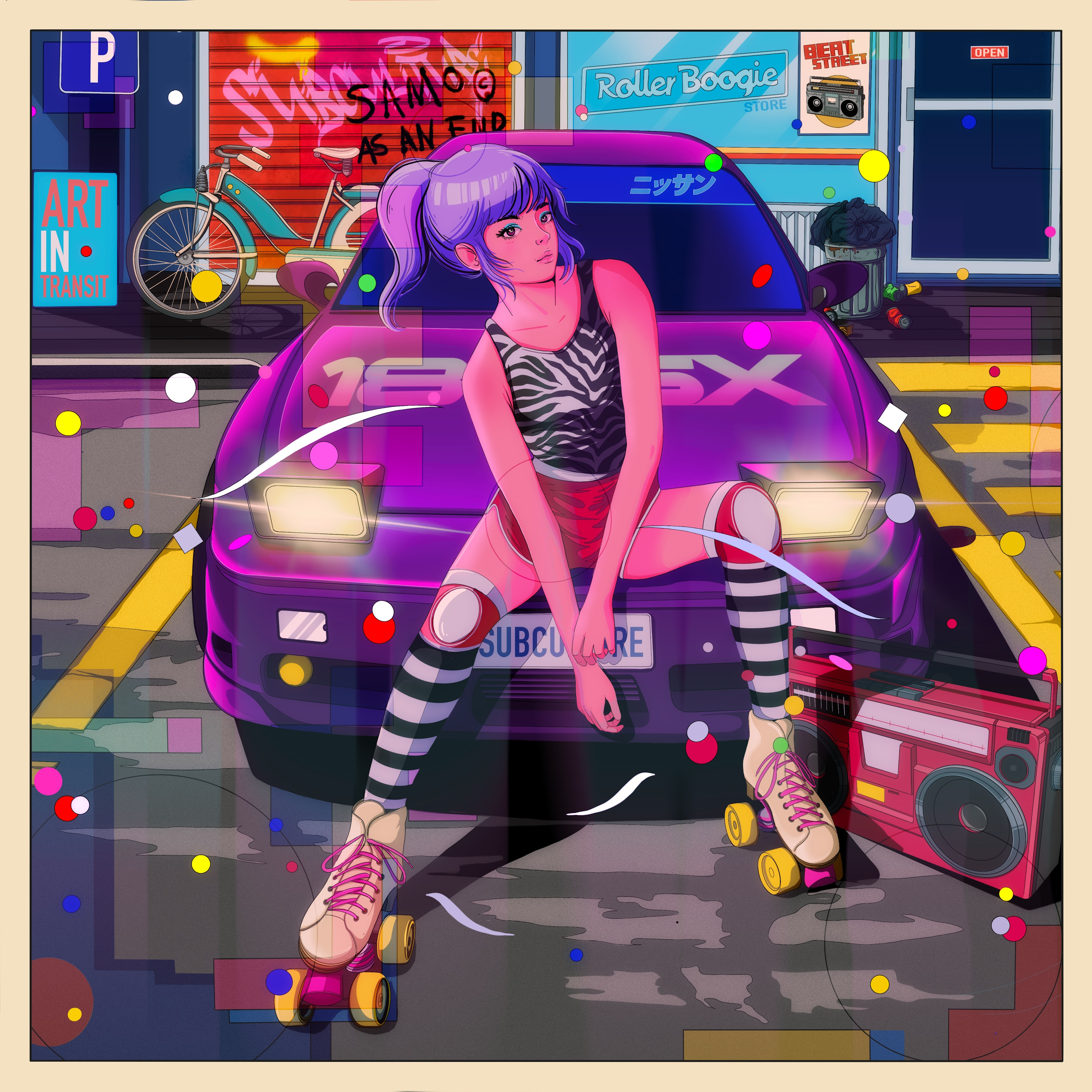 Digital Art Artwork Illustration Women Car Vehicle Street Roller Skates Sitting Short Hair Purple Ha 3000x3000