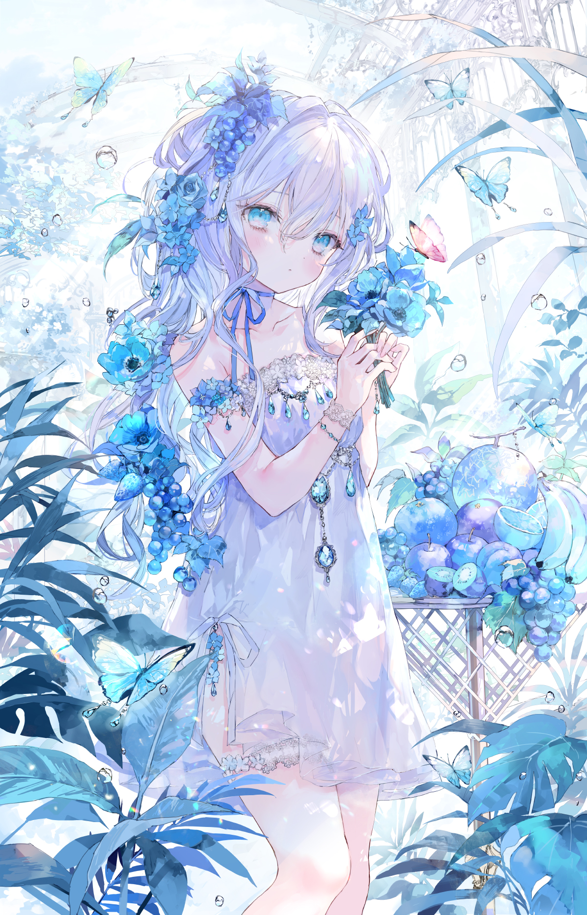 Anime Girls Portrait Display White Dress Closed Mouth Animals Looking At Viewer Butterfly Bare Shoul 1200x1871