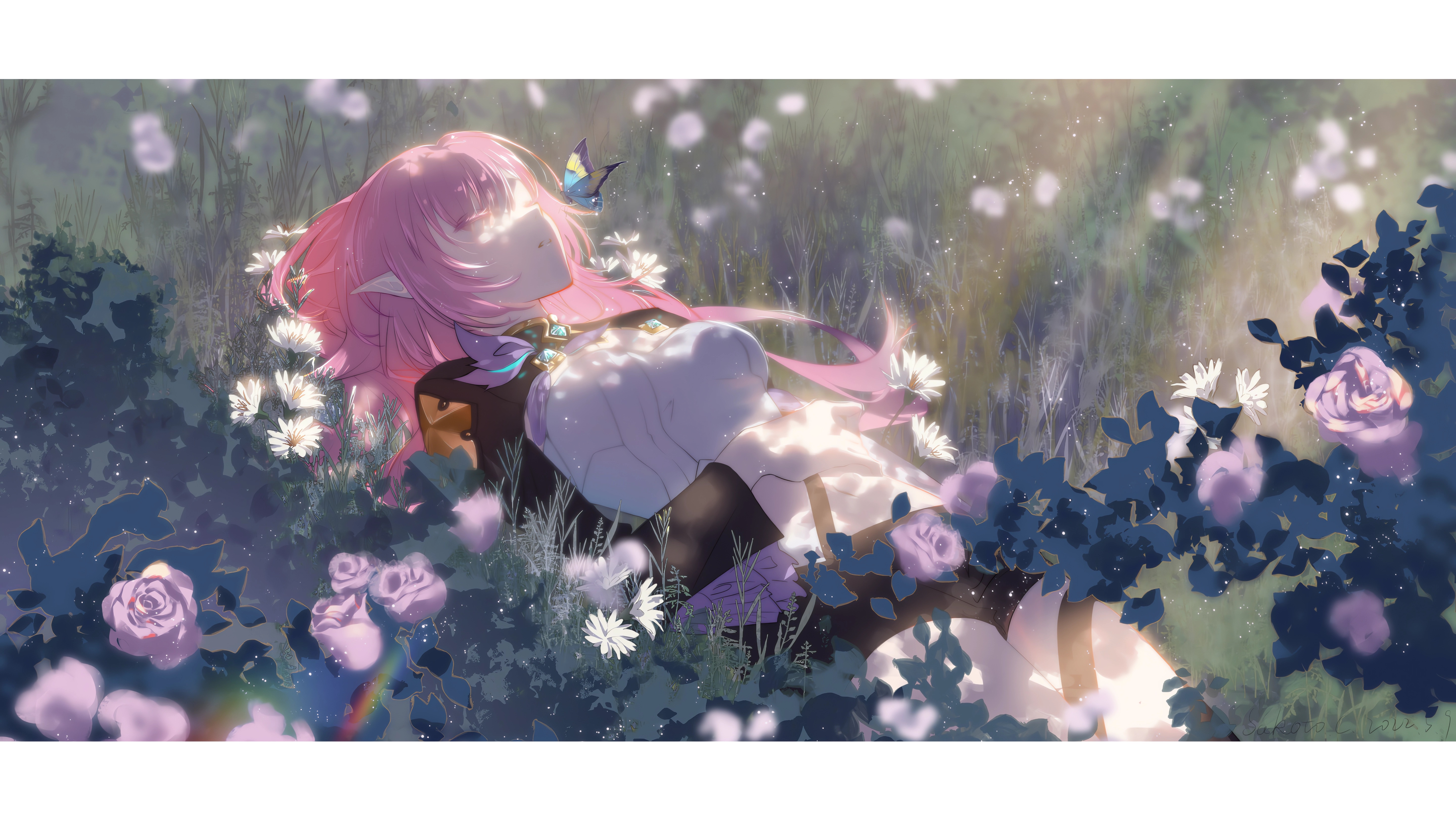 Anime Anime Girls Flowers Closed Eyes Lying Down Lying On Back Leaves Sunlight Butterfly Insect Honk 5760x3244