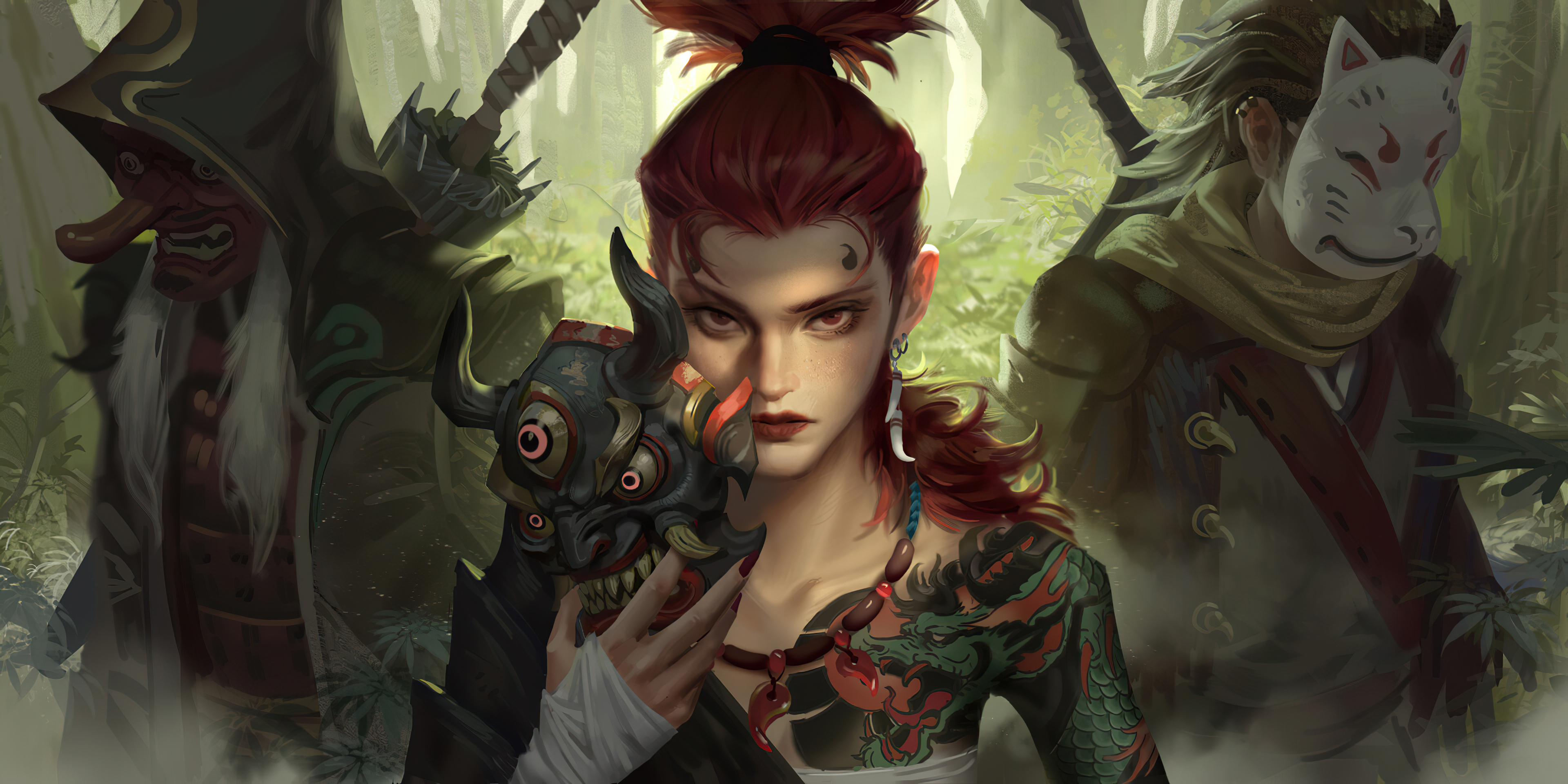 Hou China Artwork Oni Mask Female Warrior Tattoo Horns Redhead 3840x1920