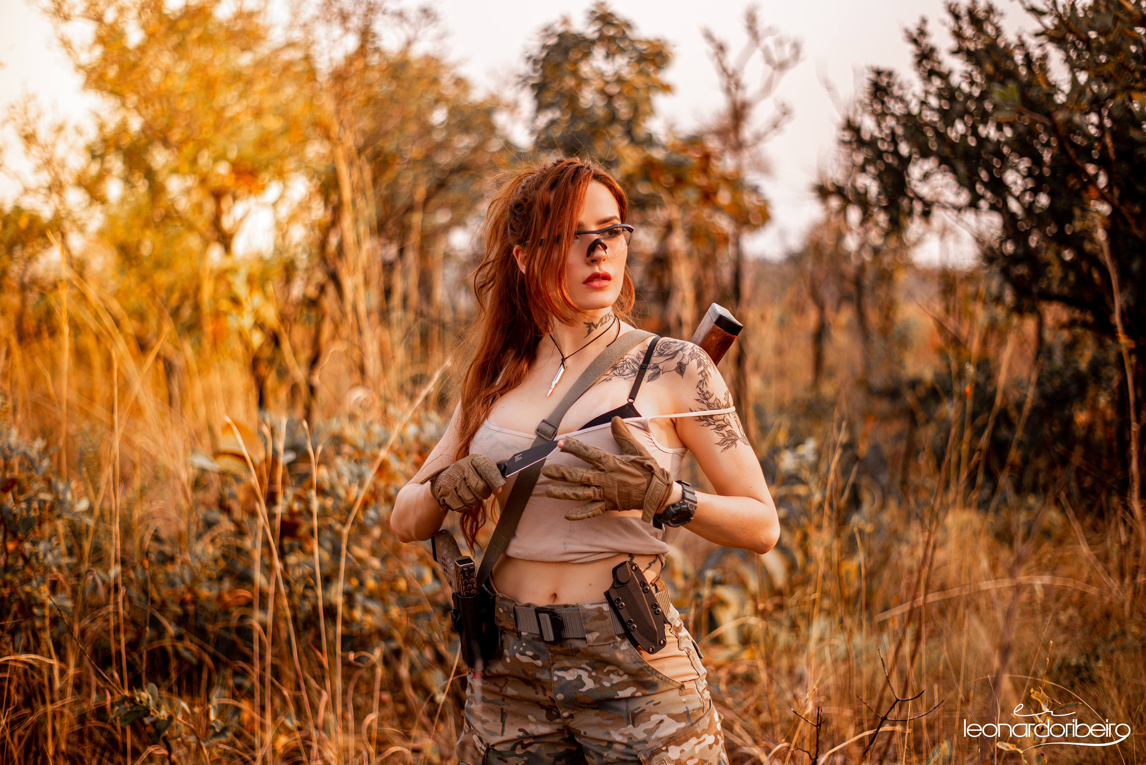 Women Model Redhead Women Outdoors Military Weapon Knife Sunset Leonardo Ribeiro Tattoo 3840x2563