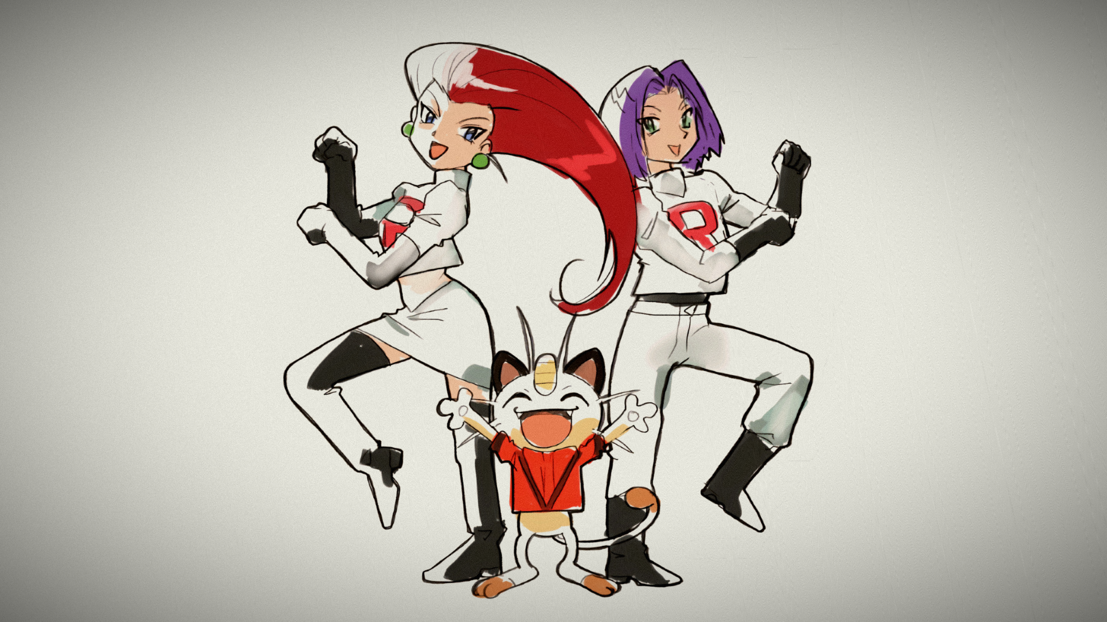 Pokemon Meowth Redhead Purple Hair White Clothing Boots Shirt Team Rocket Gloves Earring Open Mouth  3840x2160