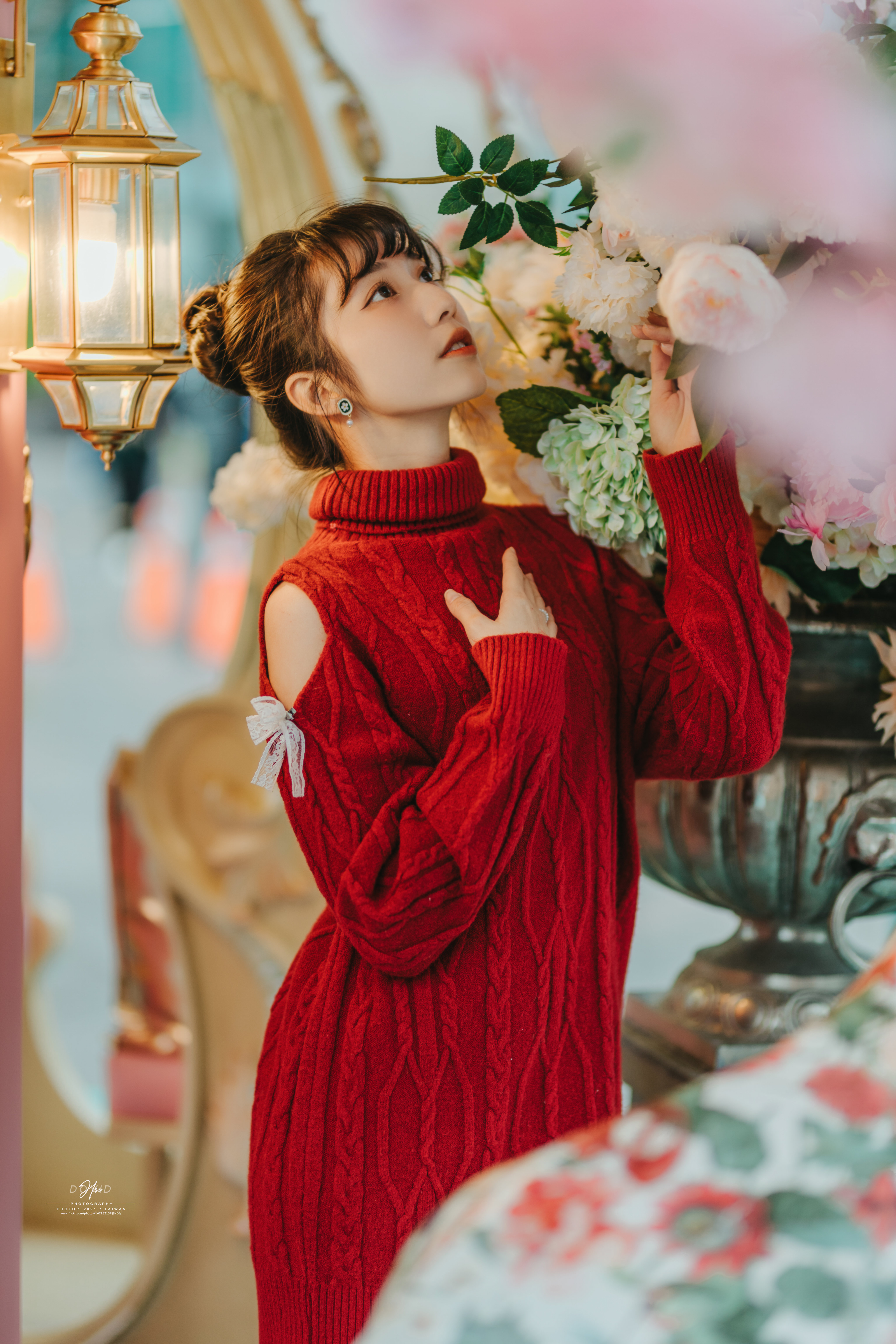 David Hsu Women Asian Brunette Hairbun Sweater Red Clothing Depth Of Field 4096x6144