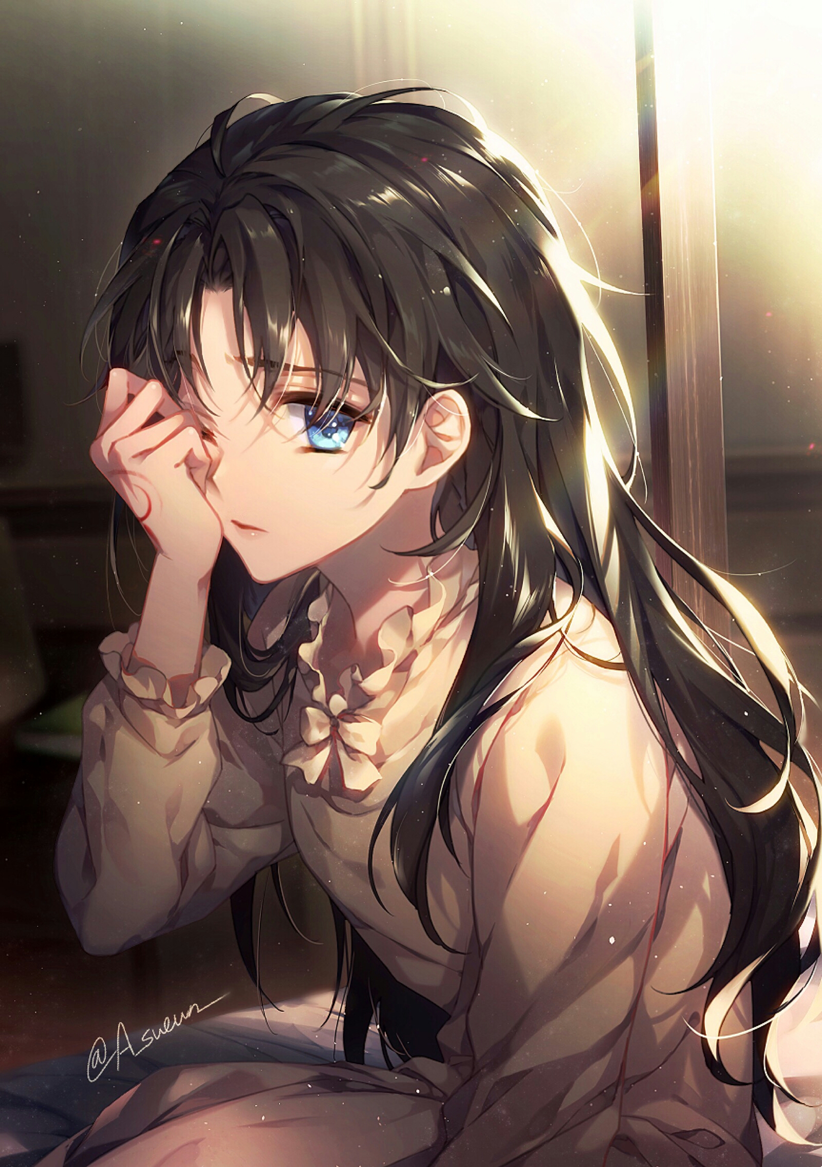 Anime Anime Girls Portrait Display Long Hair One Eye Closed Pyjamas Bow Tie Looking At Viewer Blue E 1600x2269