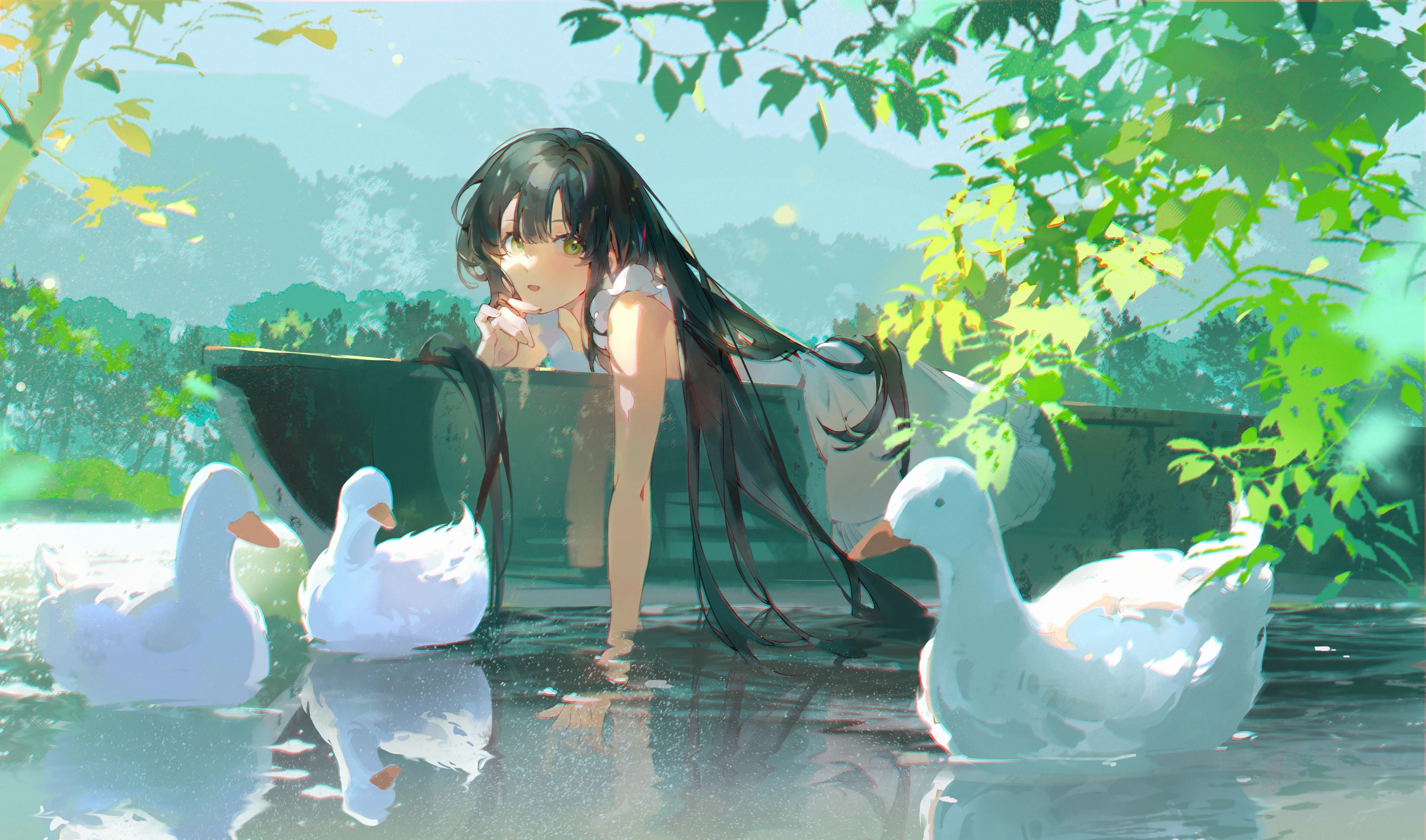 Anime Girls White Dress Looking At Viewer Ducks Green Eyes Long Hair Women Outdoors Water Animals De 2526x1488