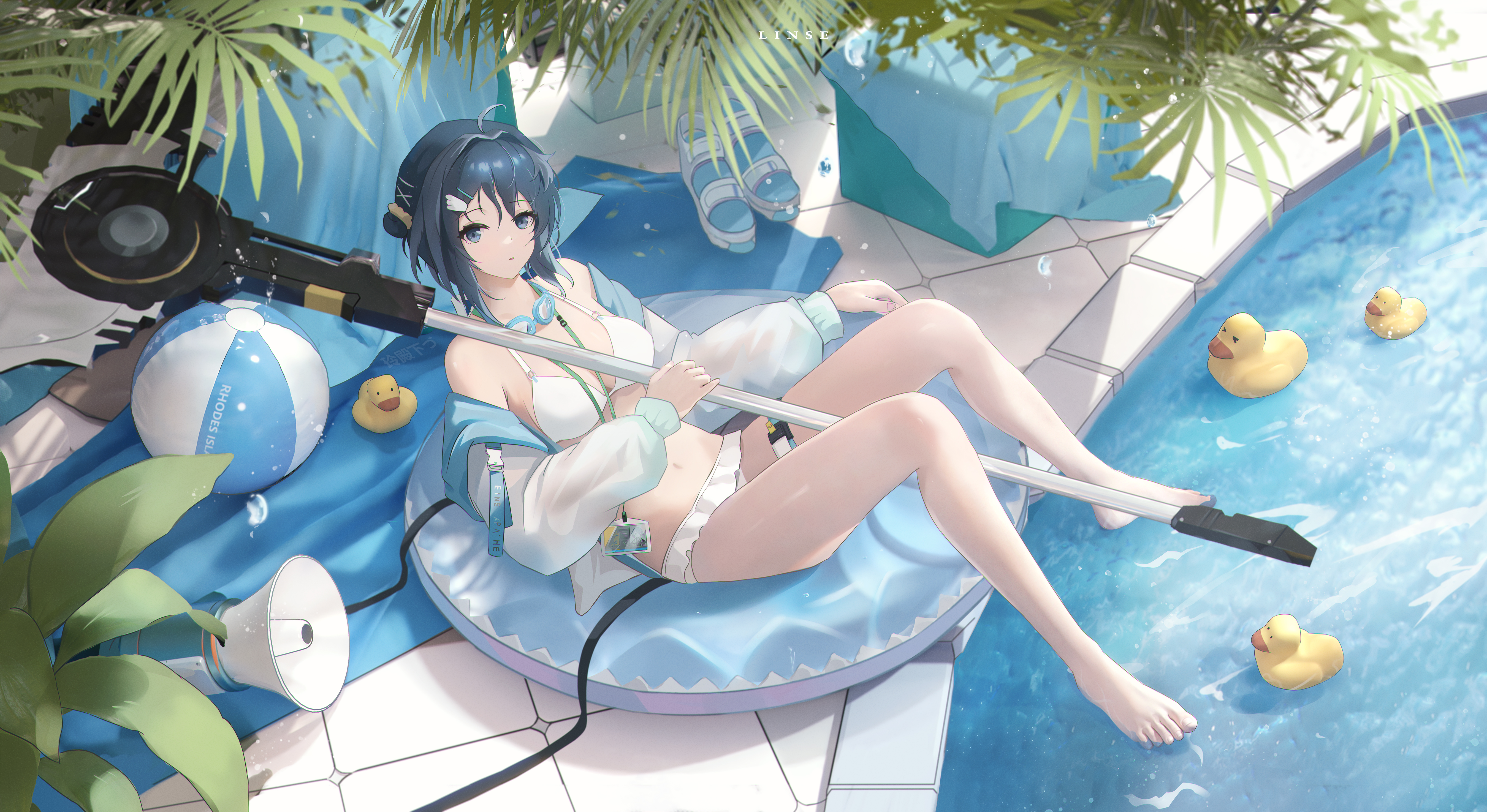 Fantasy Girl Anime Girls Floater Rubber Ducks Beach Ball Blue Eyes Blue Hair Water Swimming Pool 5400x2950