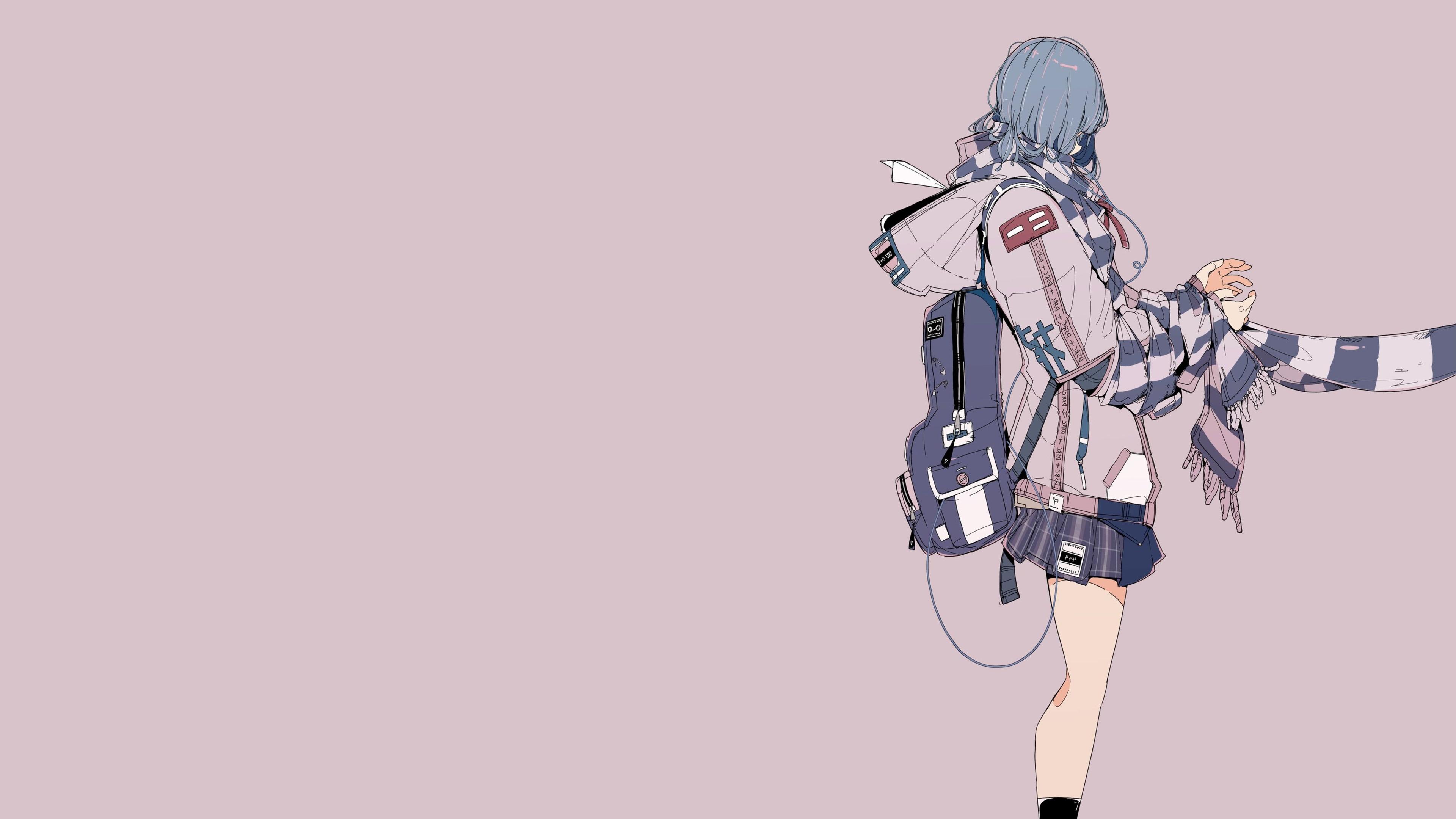 Daisukerichard Anime Girls Original Characters Minimalism Backpacks Simple Background Scarf Brown Ba 3840x2160