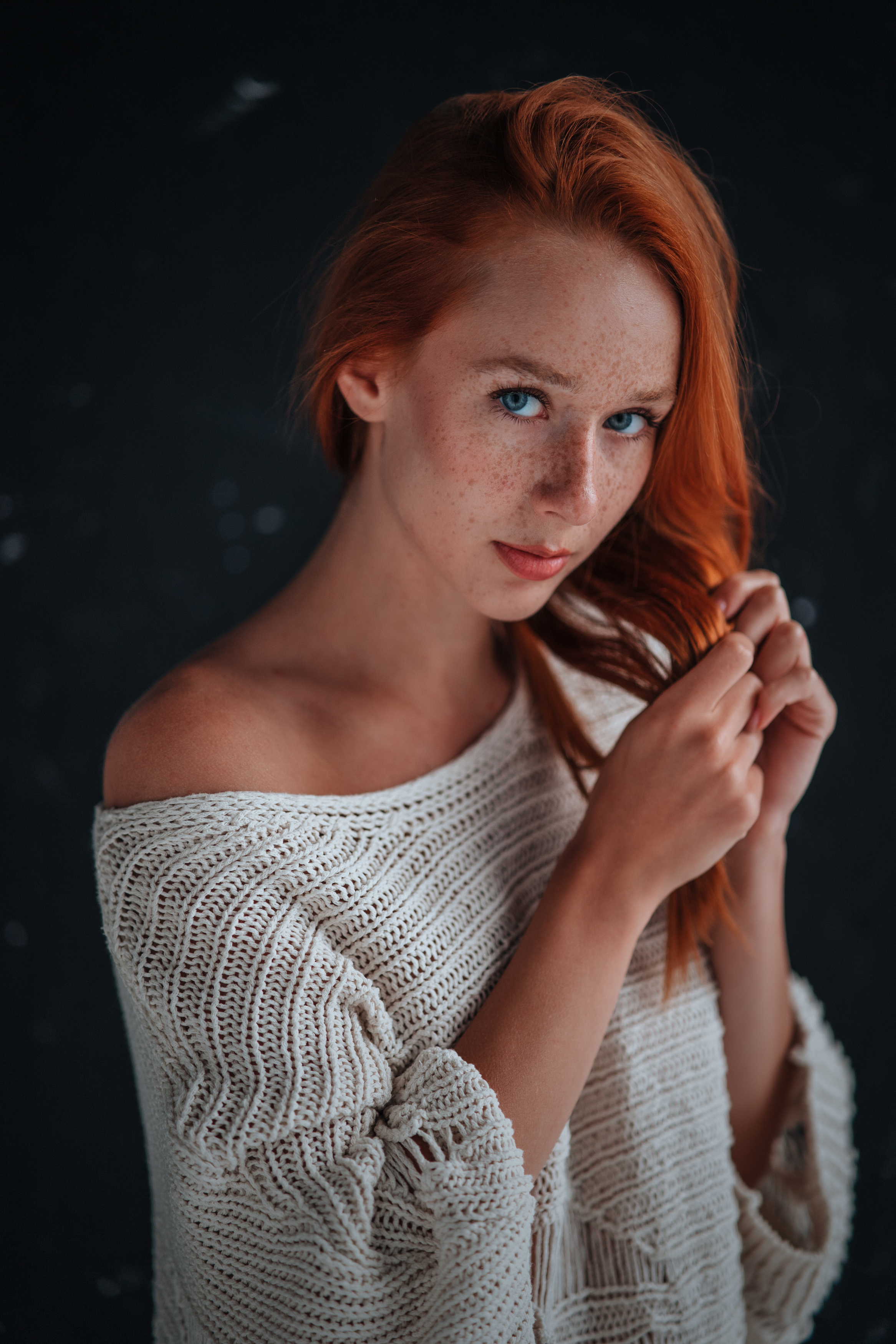 Andrei Blackwood Women Portrait Redhead Freckles Knit Fabric One Bare Shoulder Model Hands In Hair P 2333x3500