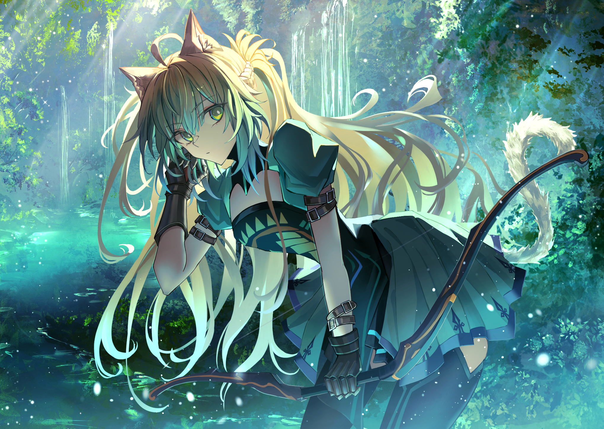 Anime Anime Girls Long Hair Cat Girl Cat Ears Cat Tail Looking At Viewer Bow Gloves Sunlight Atalant 2039x1447