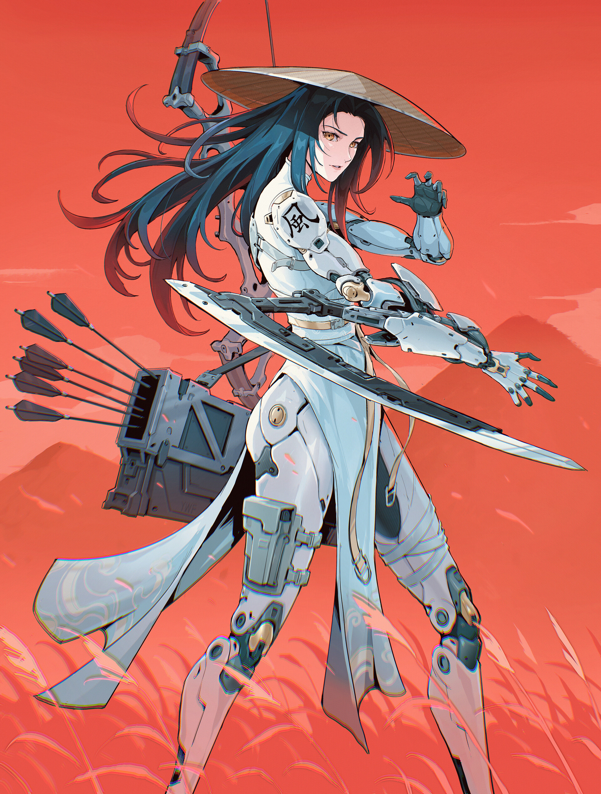 Wenfei Ye Drawing Women Dark Hair Hat Weapon Cyborg Cyberpunk Arrows Futuristic Bow Grass Orange Man 1920x2535