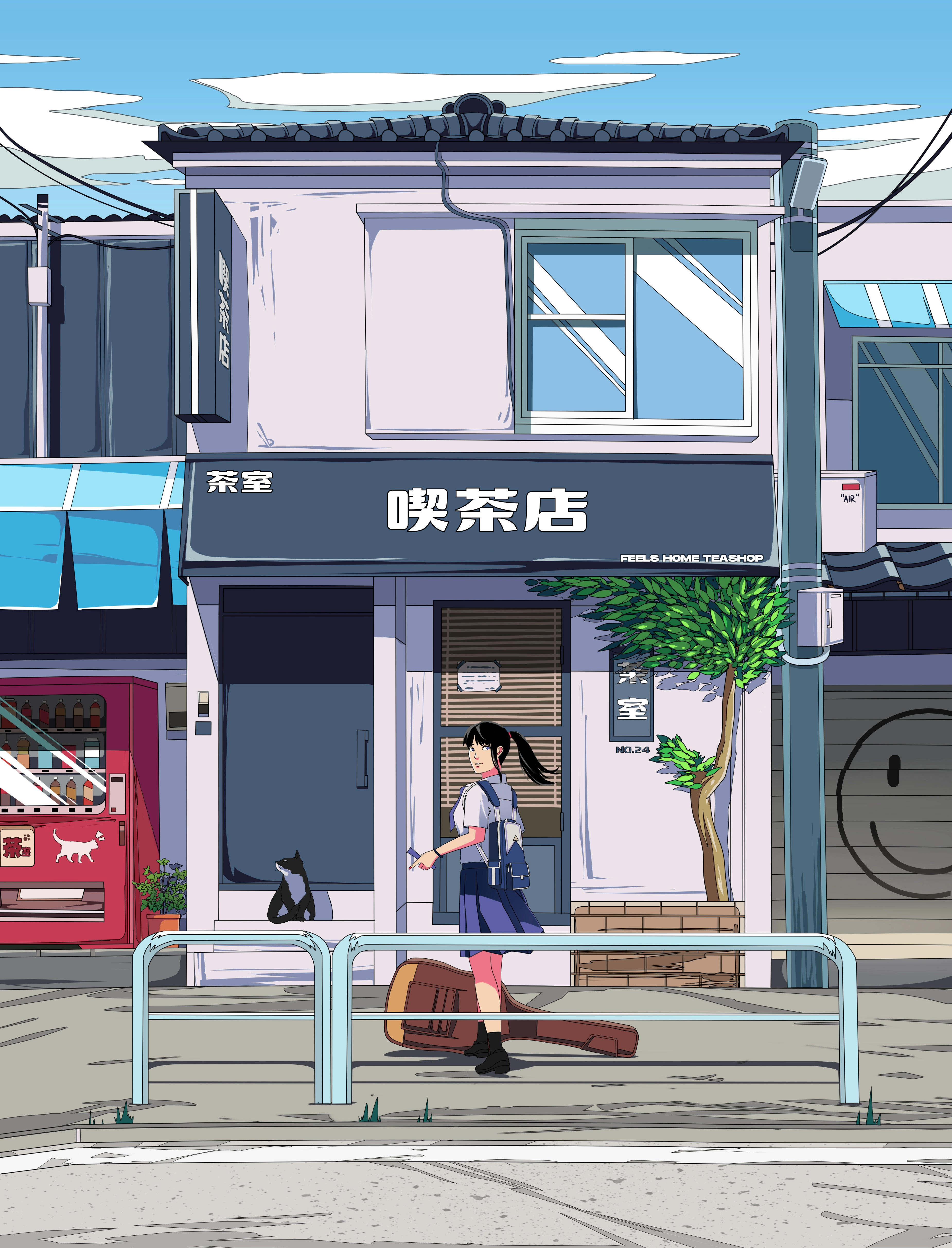 Digital Art Artwork Illustration Street Building Architecture Women Cats Skirt School Uniform School 3700x4848