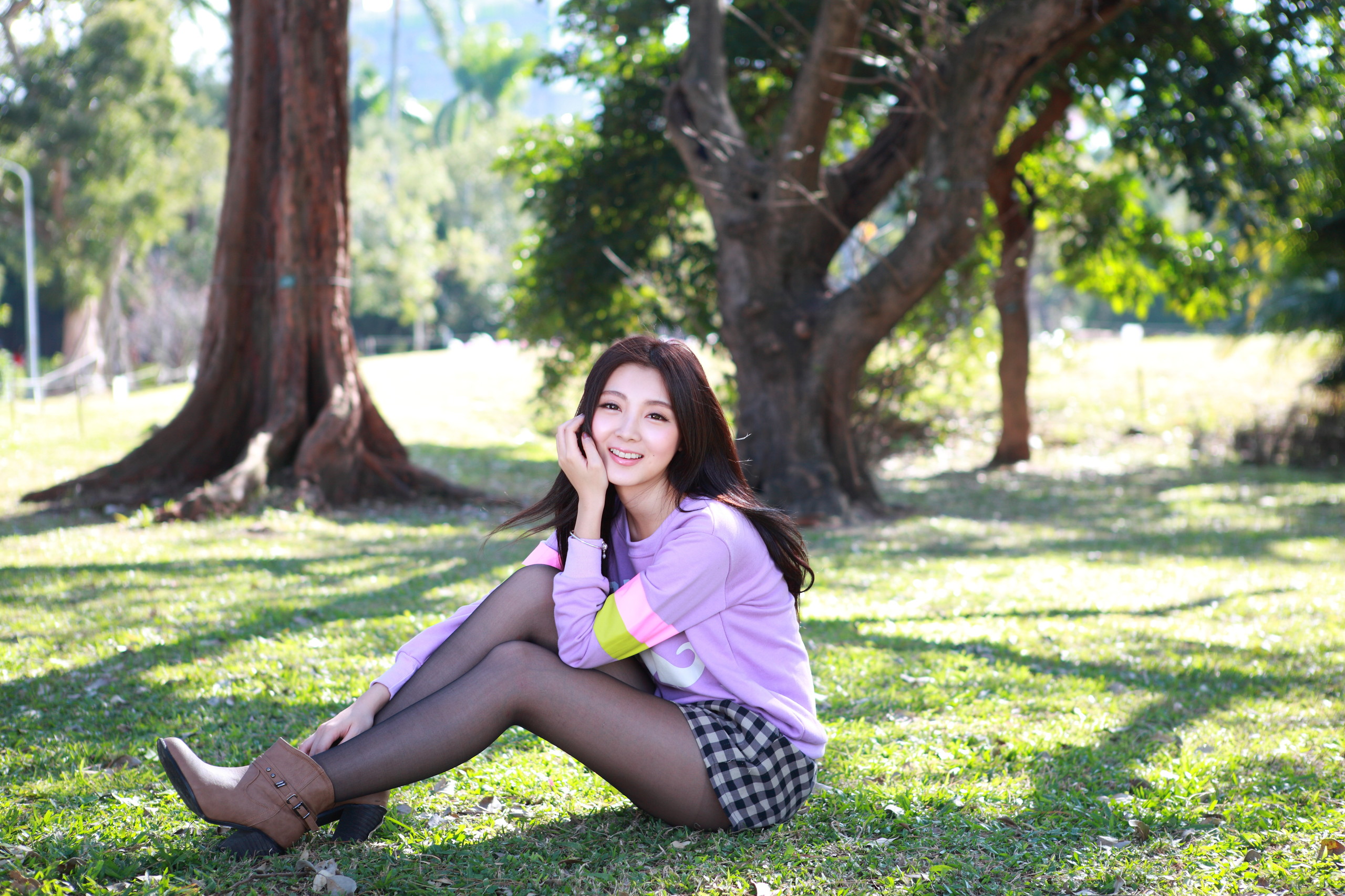 Asian Model Women Long Hair Dark Hair Sitting Trees Grass Ankle Boots Skirt Sweater Bracelets Depth  2560x1706