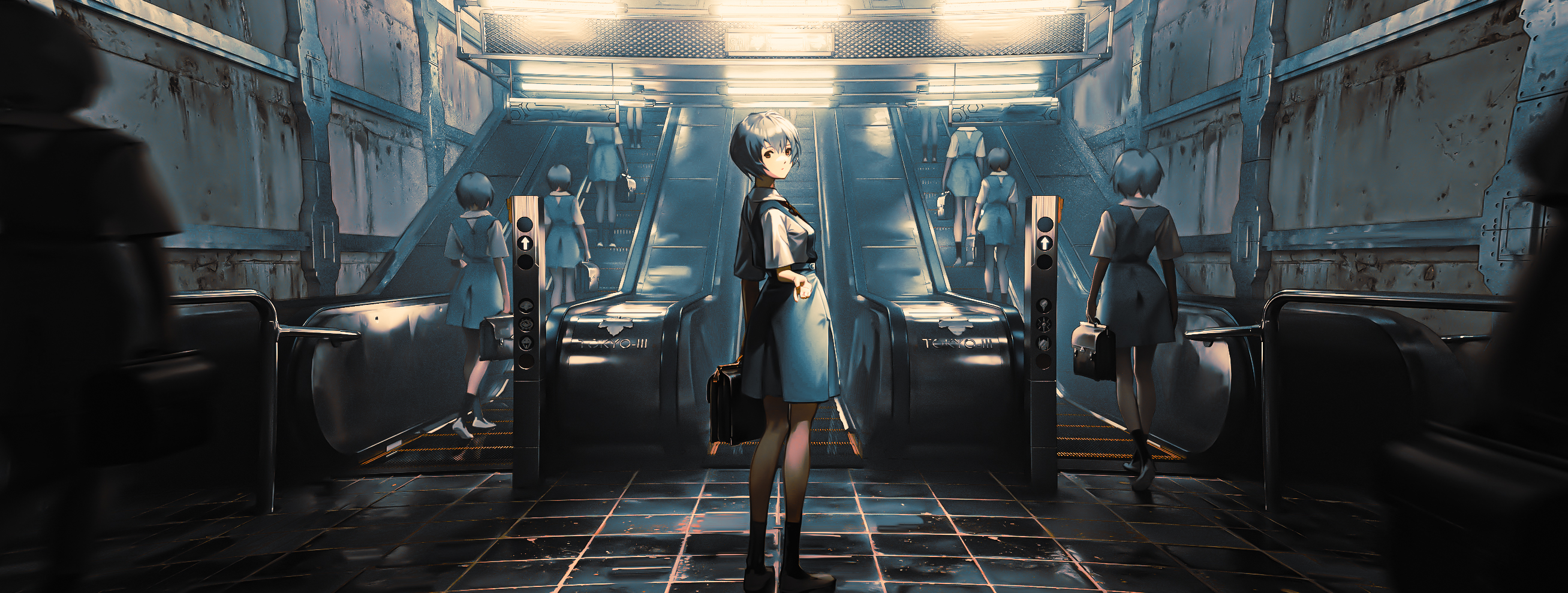 Anime Girls Artwork Ayanami Rei Eva Guardian Tales Escalator 2615x990